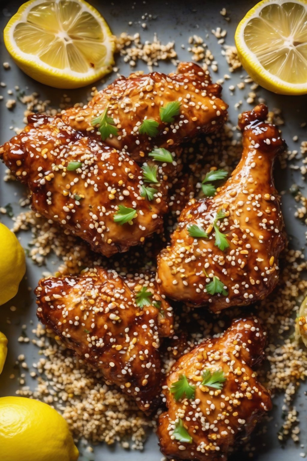 A close-up photo of lemon-glazed crispy sesame chicken with bright yellow zest and sesame seeds, under soft lighting.