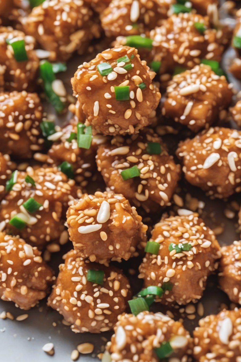 A close-up photo of peanutty sesame chicken bites with crushed peanuts and sesame, under soft lighting.