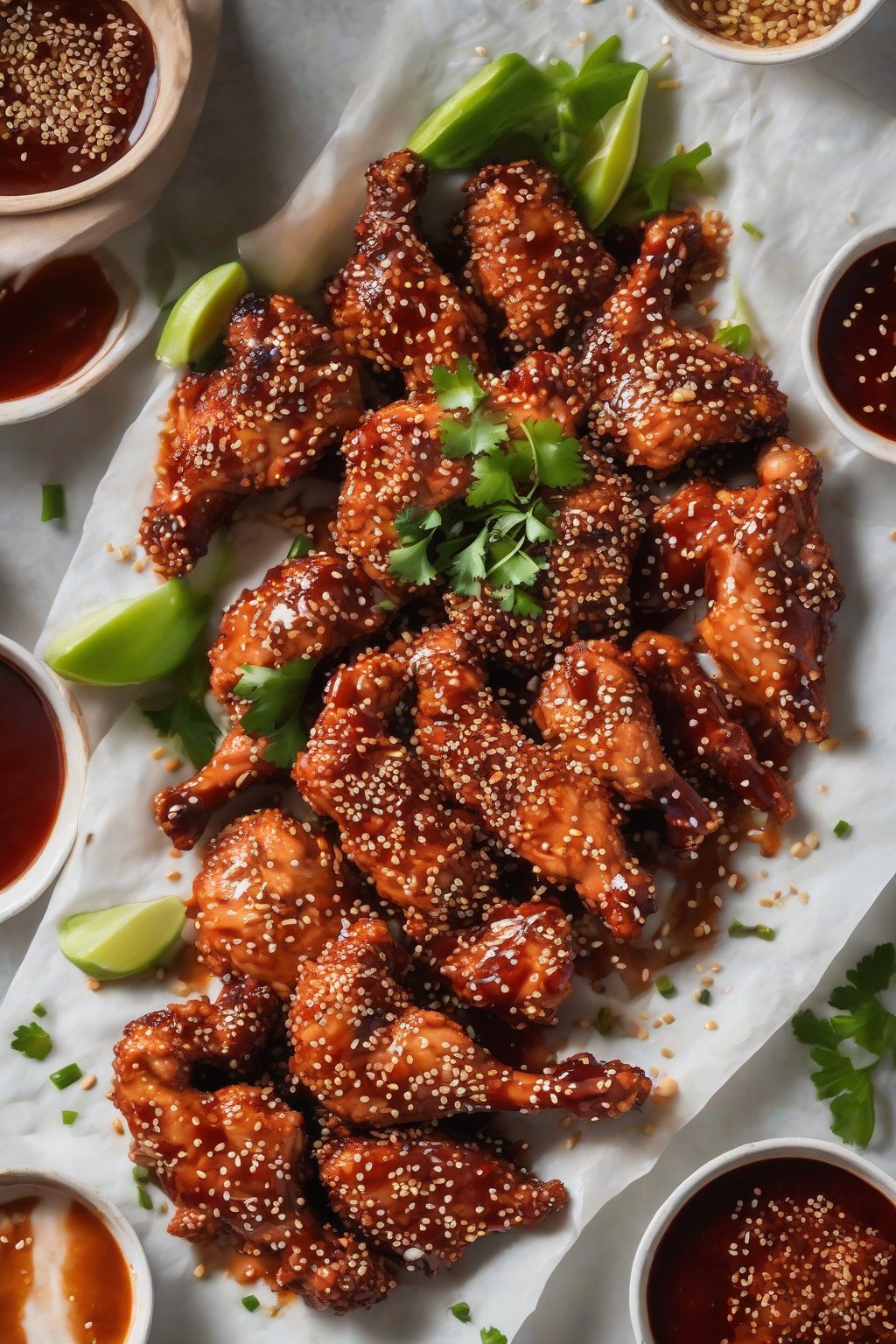 A close-up photo of red gochujang-sauced crispy sesame chicken with sesame sprinkle, under soft lighting.