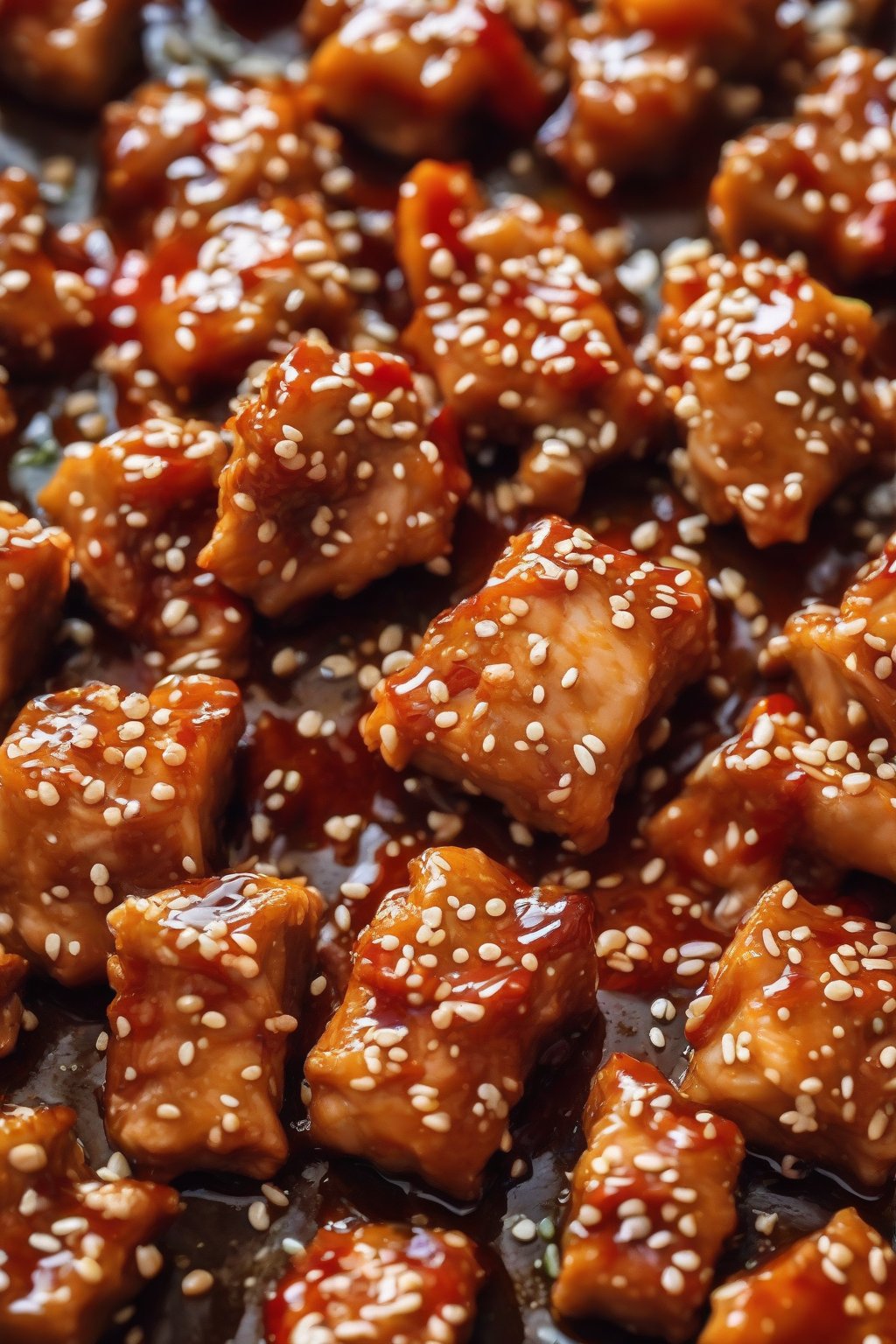 A close-up photo of glossy sweet chili sesame chicken chunks, sesame seeds visible, under soft lighting.