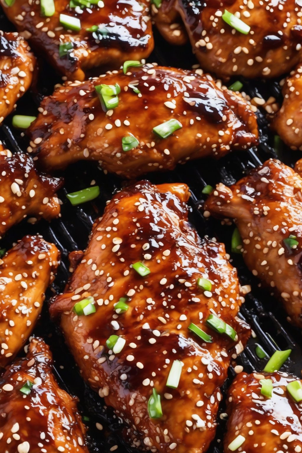 A close-up photo of smoky BBQ-glazed sesame chicken with charred sesame edges, under soft lighting.