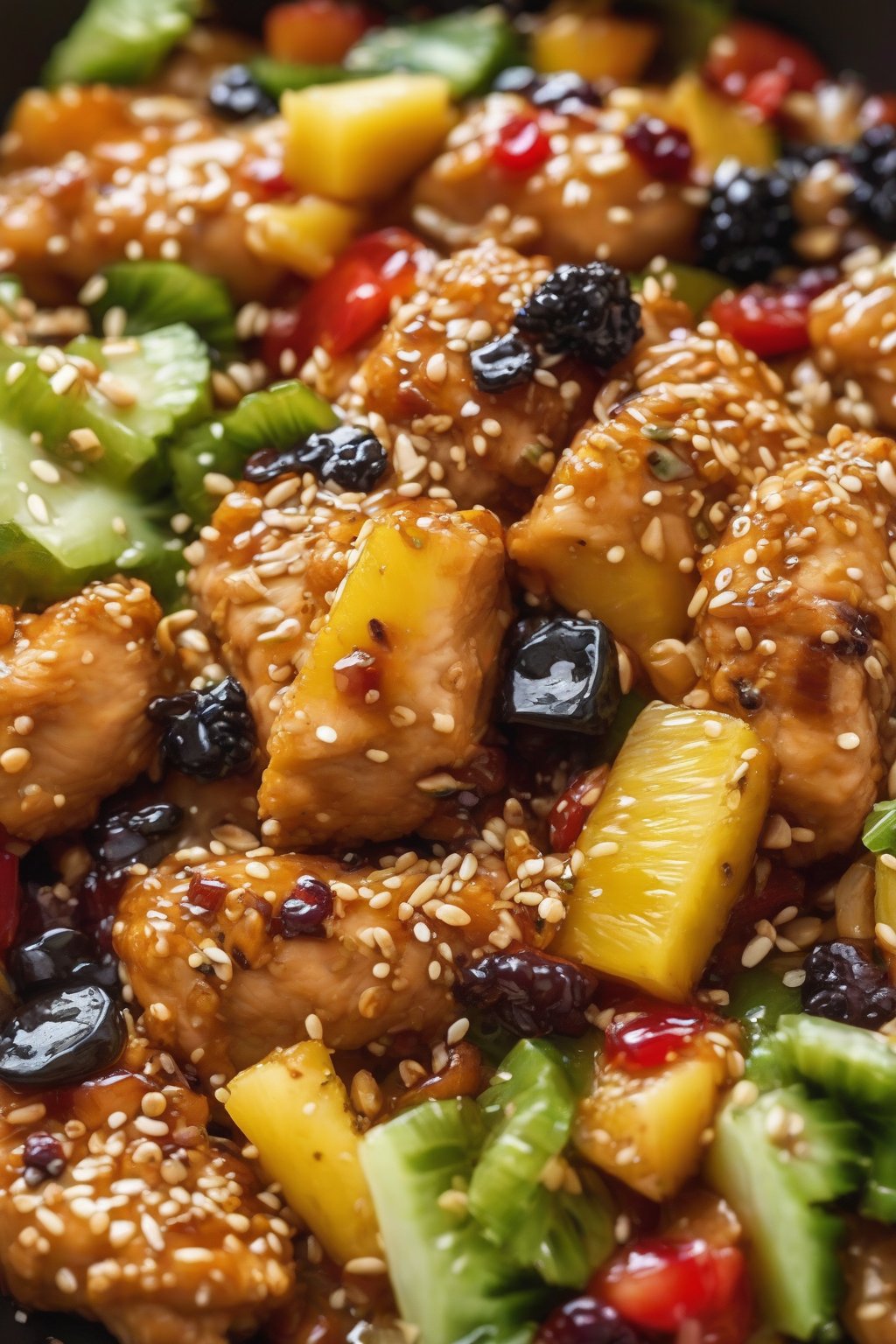A close-up photo of pineapple-infused sesame chicken with fruit chunks and seeds, under soft lighting.