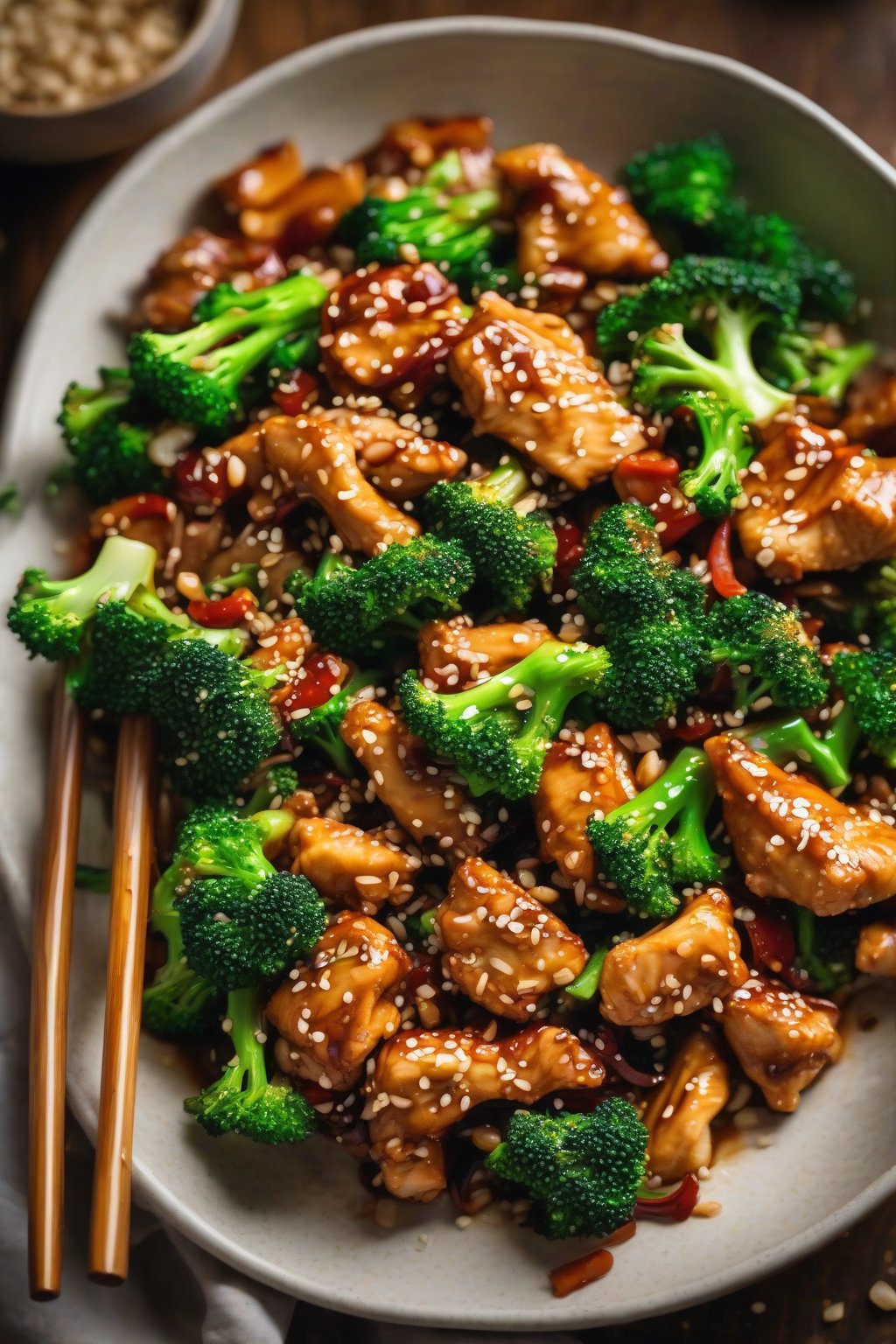 A close-up photo of sesame chicken stir-fry with vibrant broccoli florets, under soft lighting.