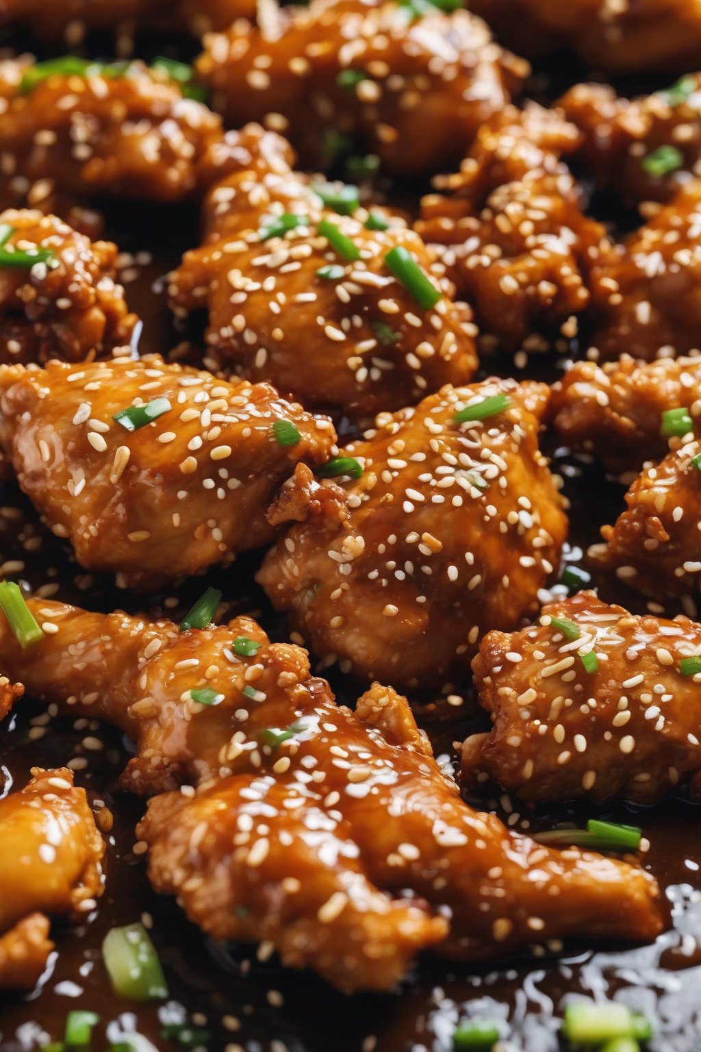 A close-up photo of air-fried golden sesame chicken in sauce, extra crunchy, under soft lighting.
