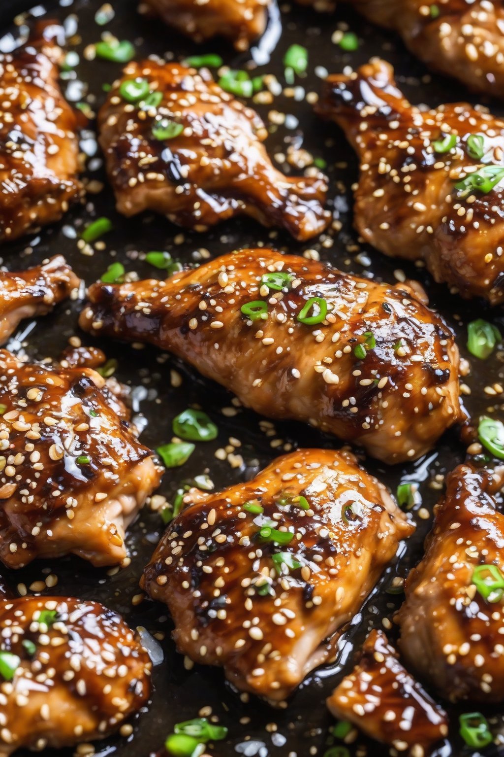A close-up photo of baked sesame chicken thighs shiny with soy glaze and seeds, under soft lighting.