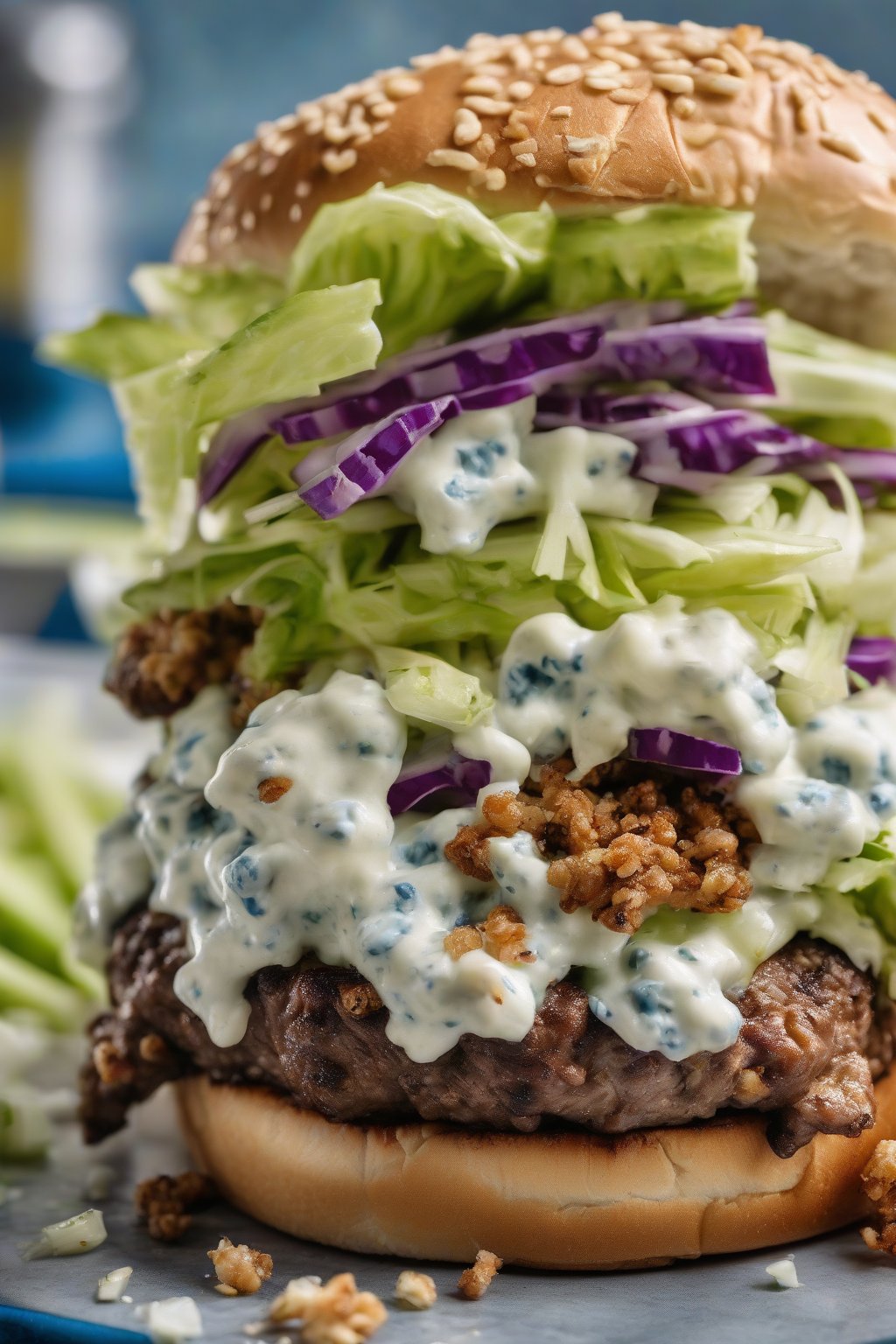 A high-resolution close-up photo of a buffalo blue cheese smash burger with tangy crumbles and celery slaw under soft lighting.