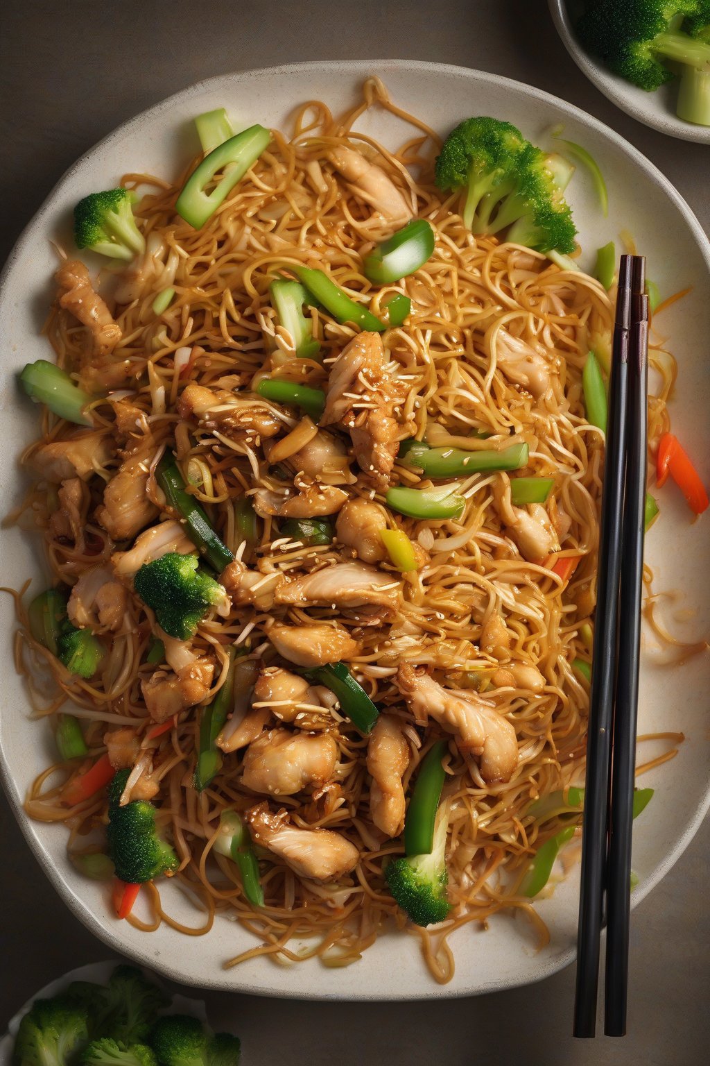 A high-resolution photo of golden crispy chow mein noodles topped with stir-fried chicken and veggies under soft lighting.