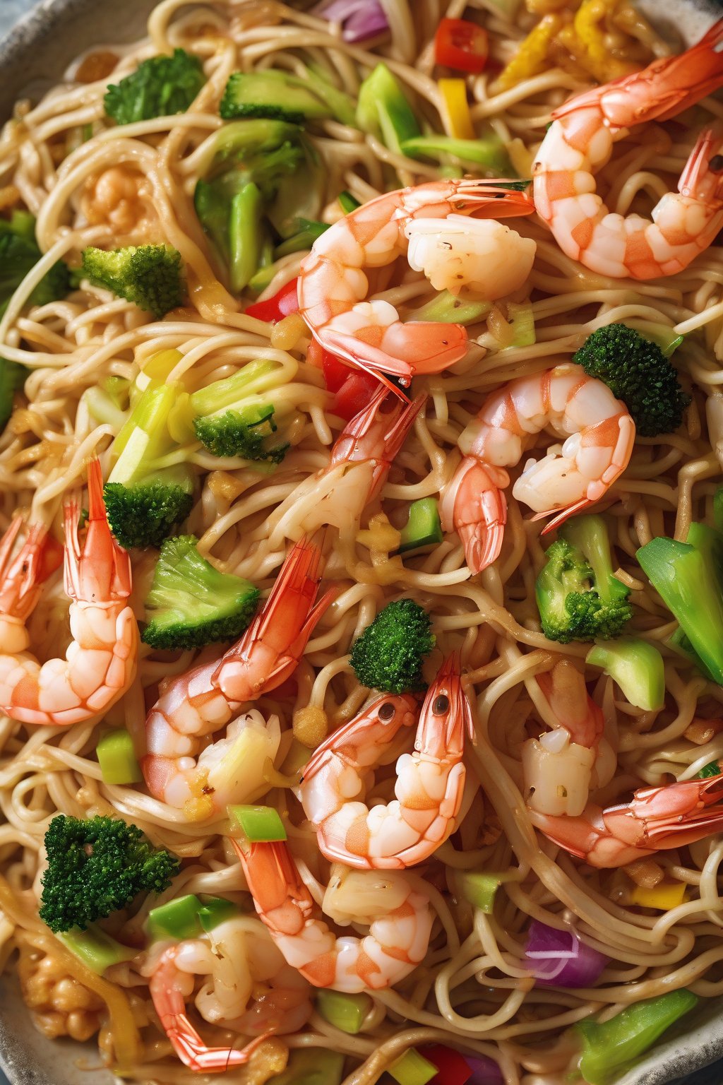 A high-resolution photo of shrimp and colorful veggies atop crunchy chow mein noodles under soft lighting.