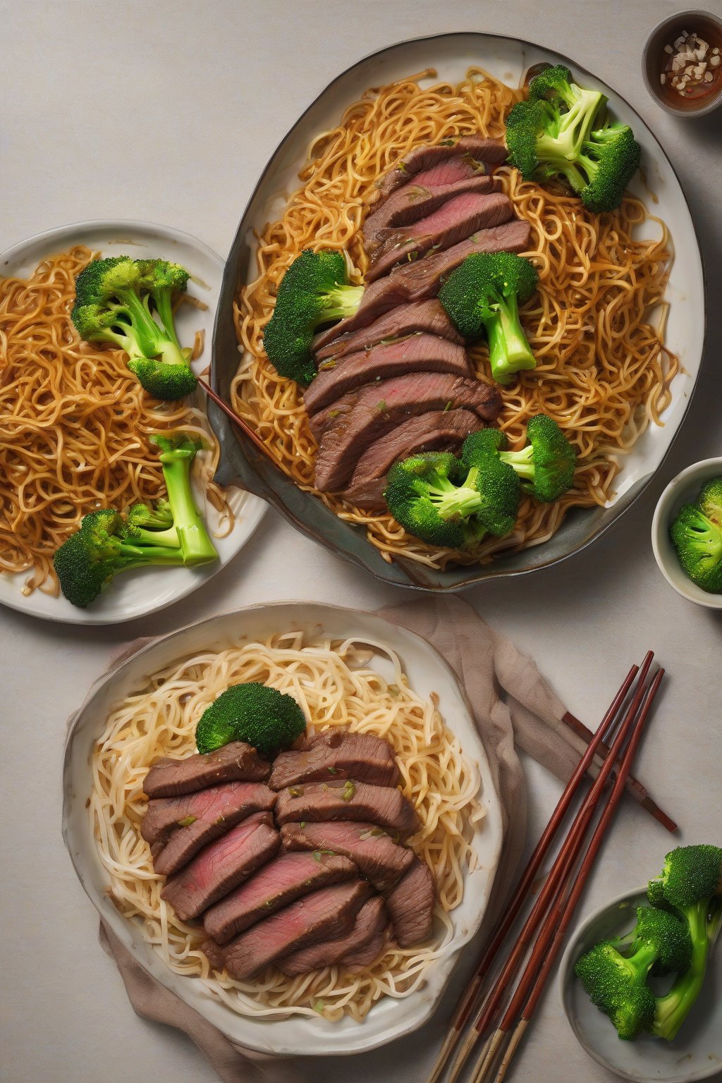 A high-resolution photo of beef slices and broccoli over crispy chow mein under soft lighting.