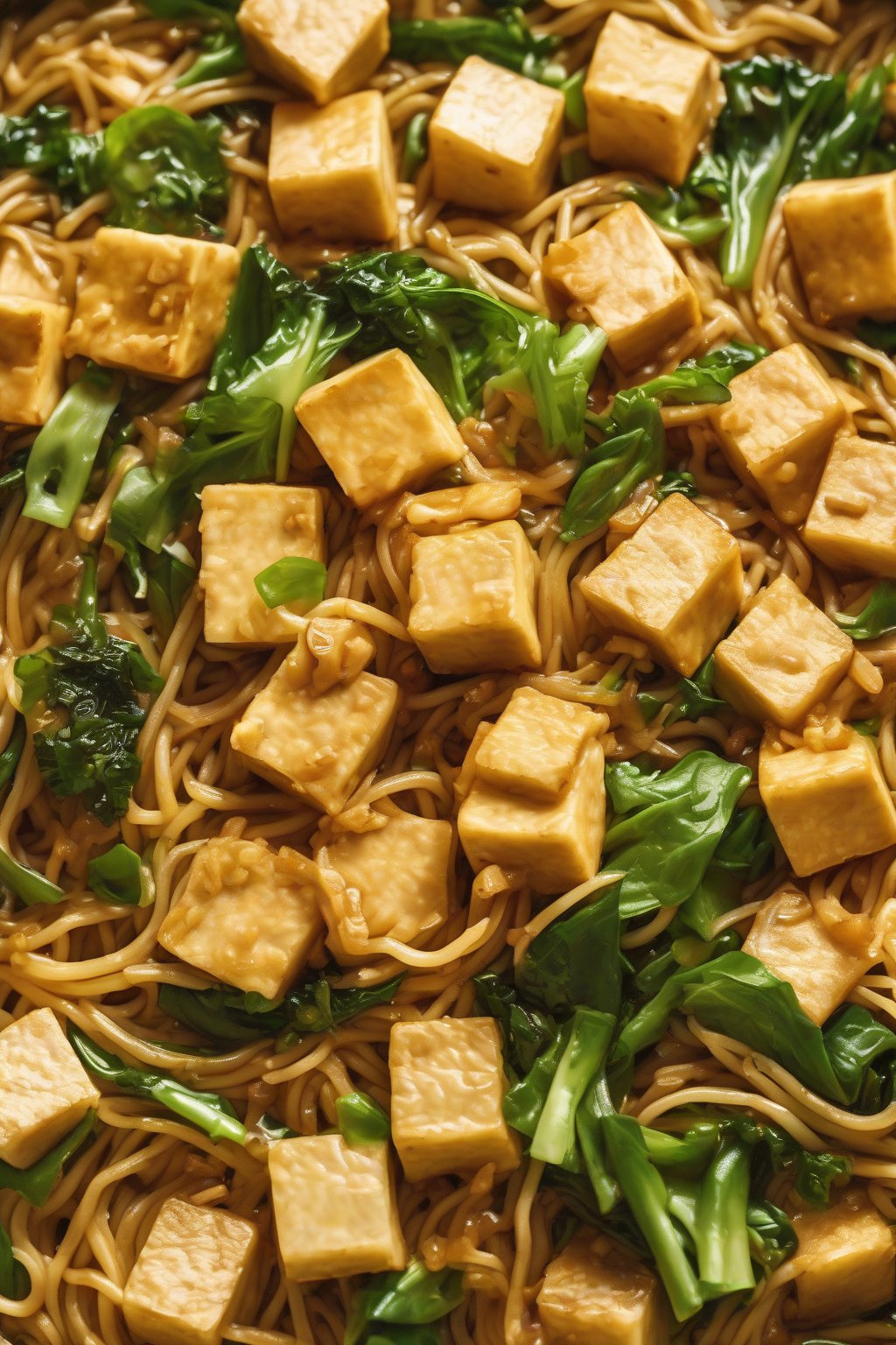 A high-resolution photo of golden tofu cubes and greens on crunchy chow mein noodles under soft lighting.