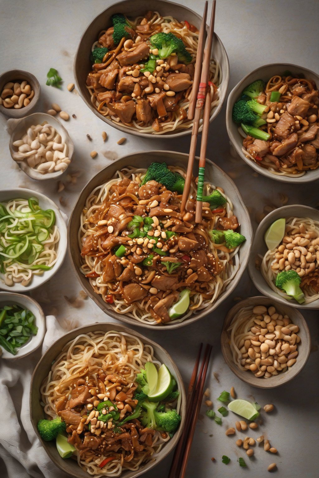 A high-resolution photo of spicy pork stir-fry over crunchy noodles with peanuts under soft lighting.