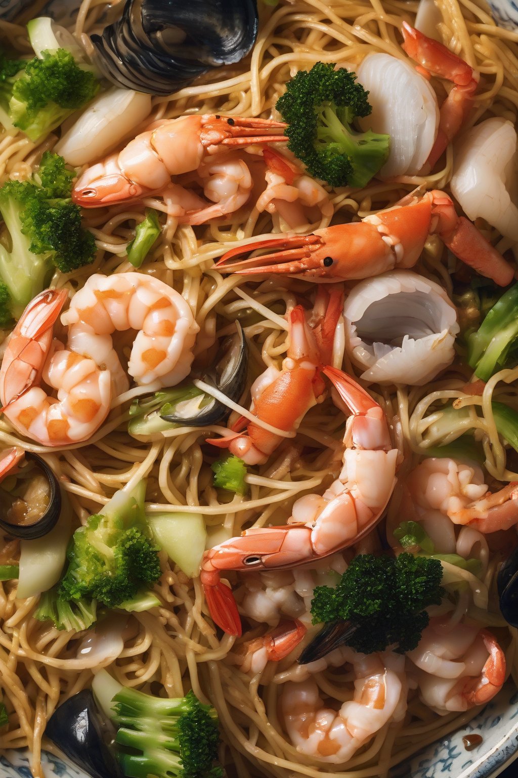 A high-resolution photo of assorted seafood and veggies on crispy chow mein under soft lighting.