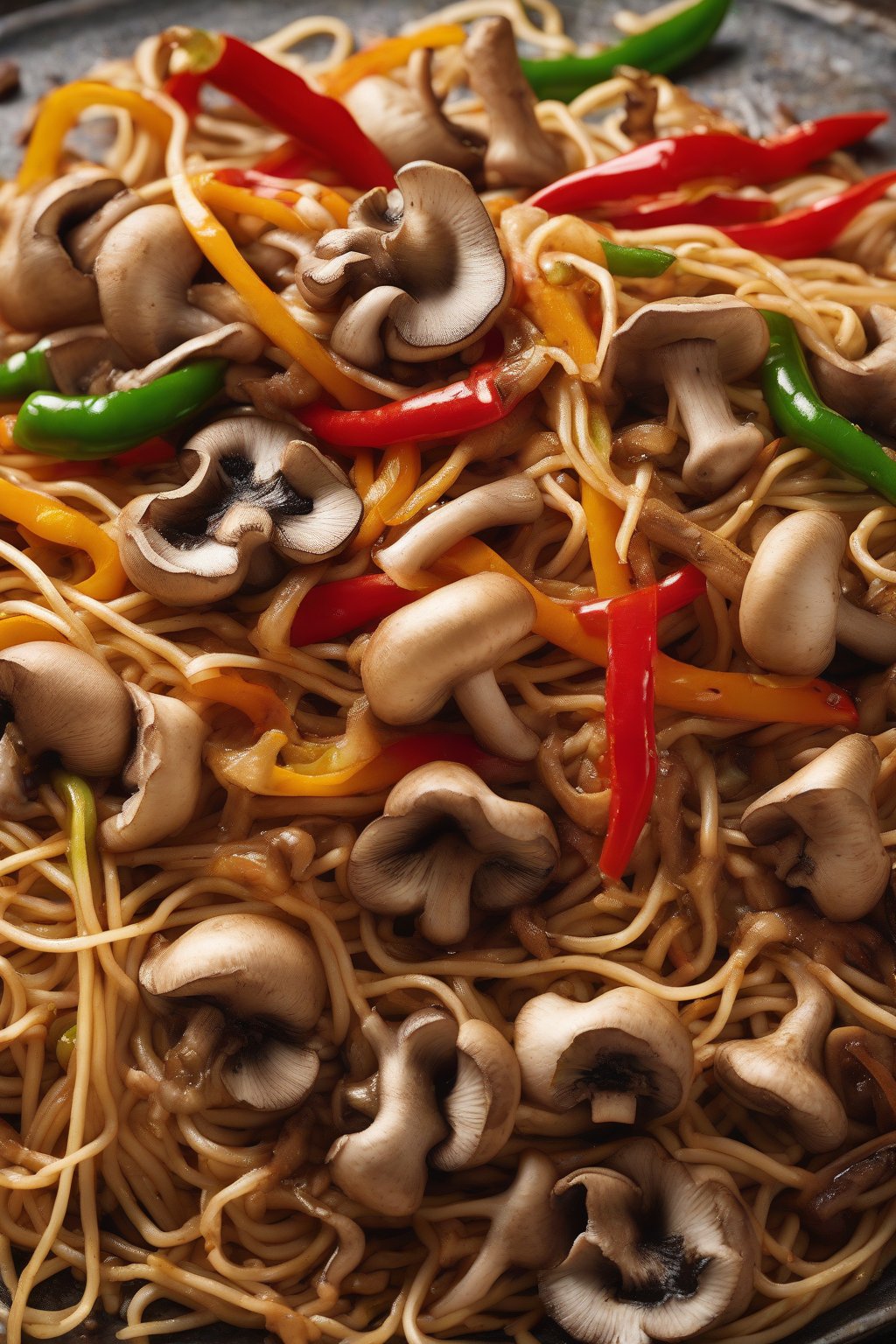A high-resolution photo of mushrooms and peppers atop golden crunchy chow mein under soft lighting.