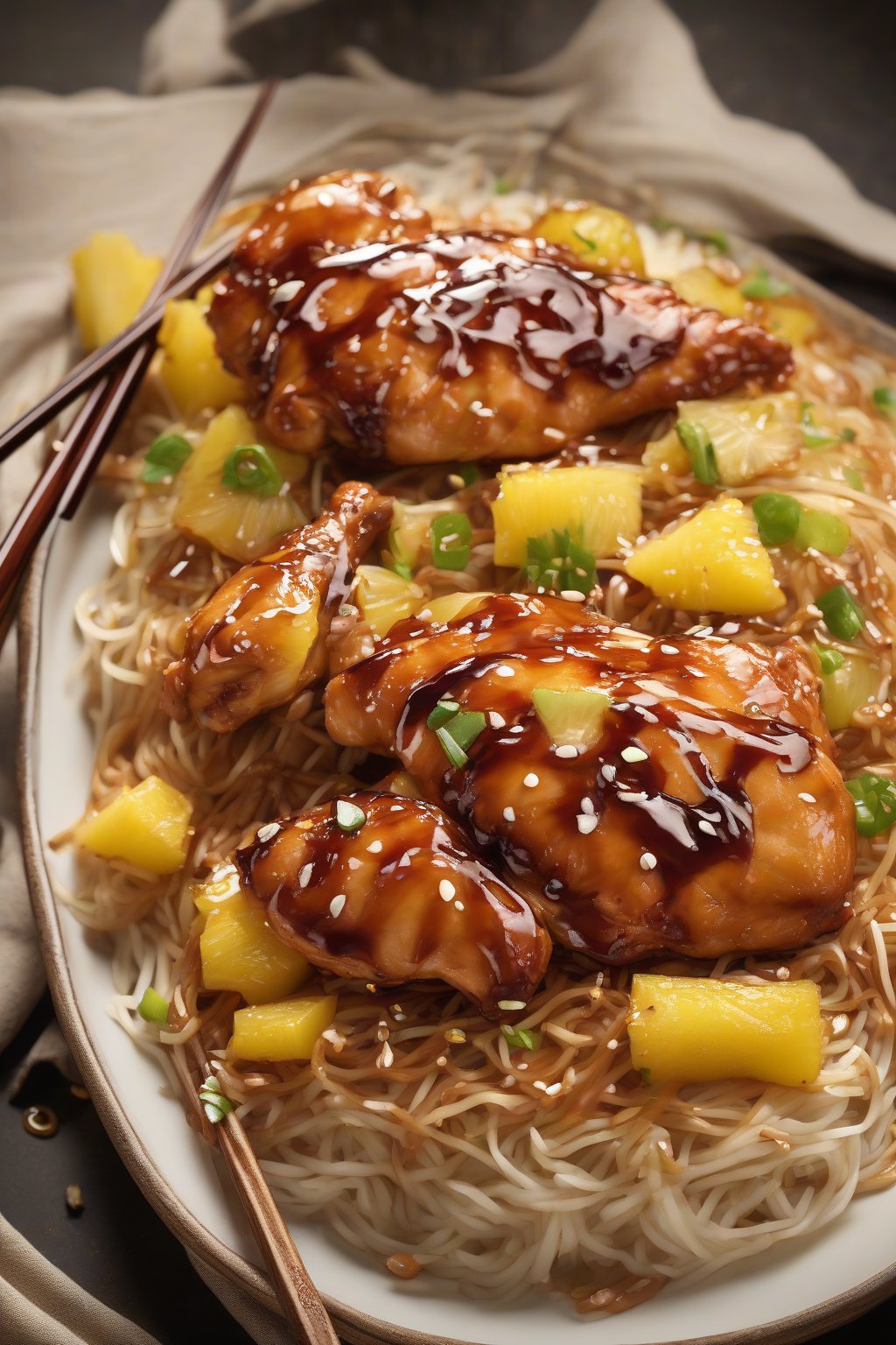 A high-resolution photo of teriyaki-glazed chicken and pineapple on crispy noodles under soft lighting.