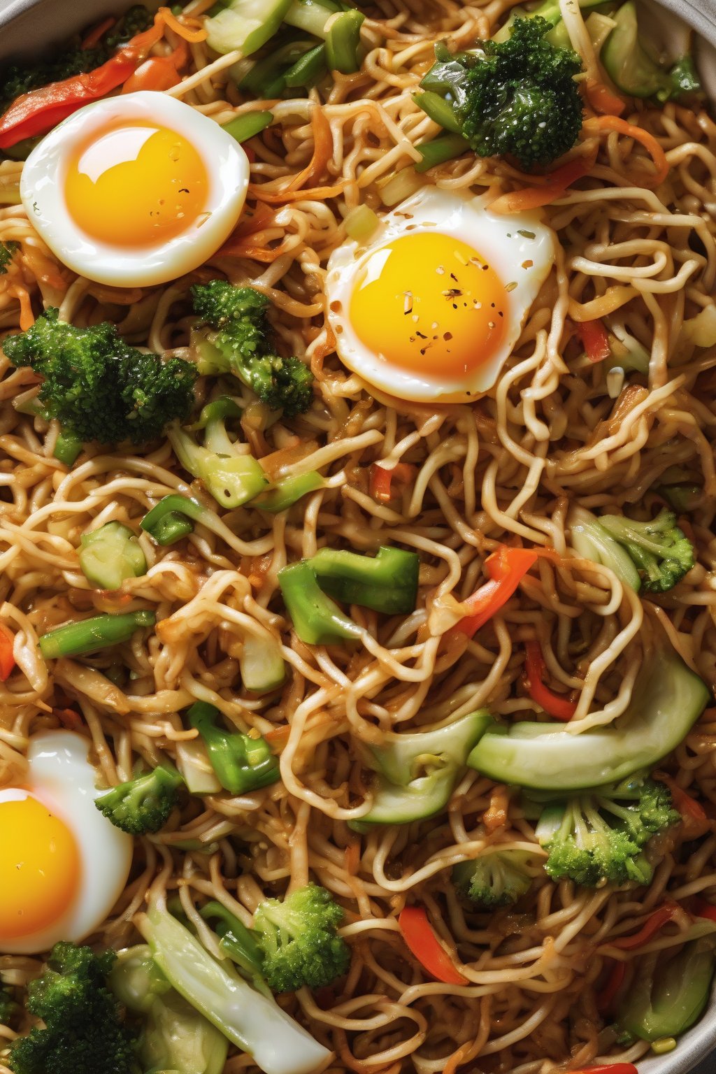 A high-resolution photo of egg-fried veggies scattered over crunchy chow mein under soft lighting.