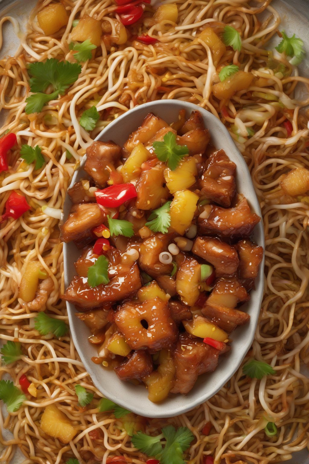 A high-resolution photo of sweet-sour pineapple pork on crispy chow mein under soft lighting.