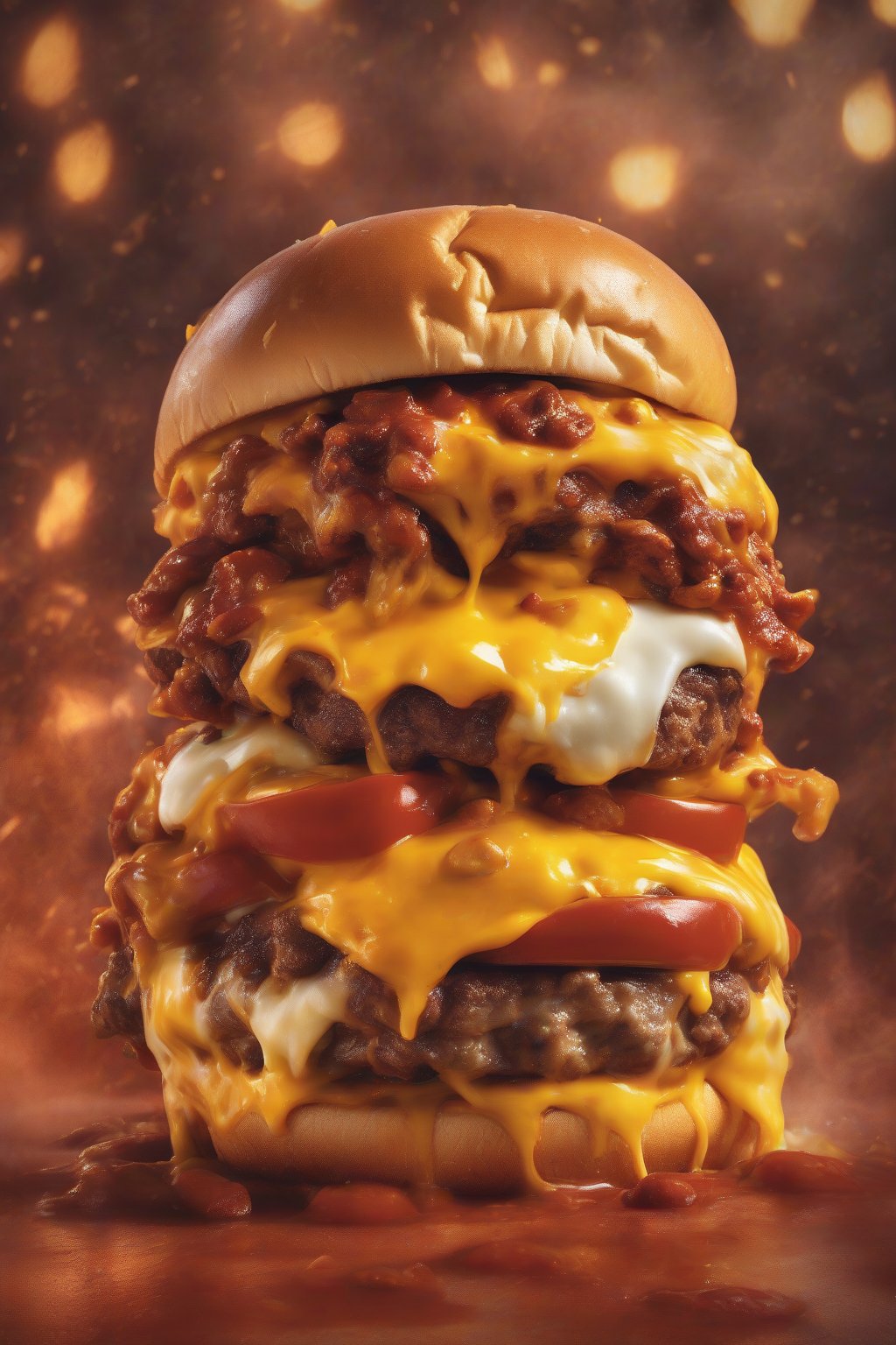 A high-resolution close-up photo of a chili cheese smash burger smothered in steamy chili and melted cheddar under soft lighting.