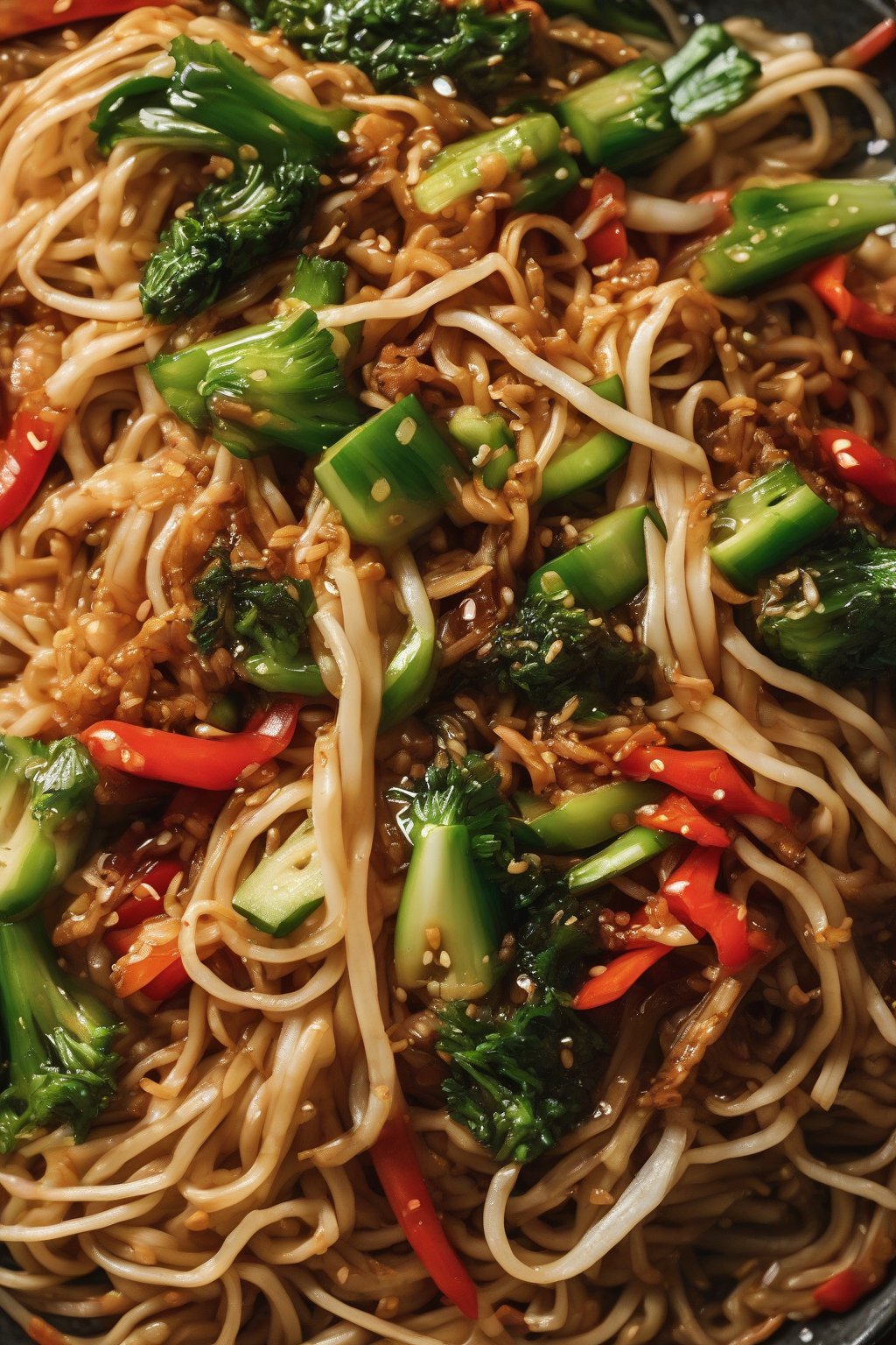 A high-resolution photo of fiery Szechuan veggies over crunchy noodles under soft lighting.