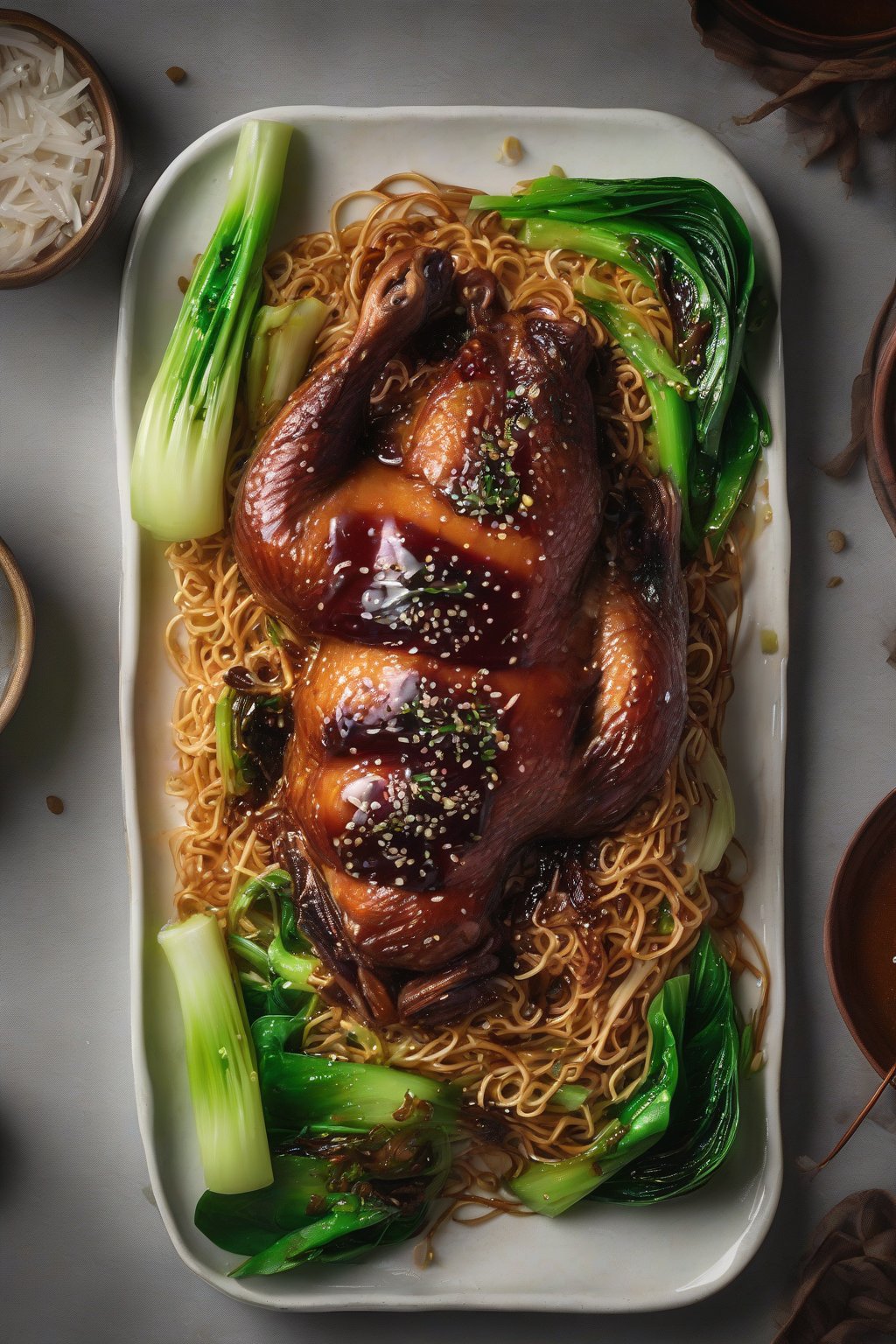 A high-resolution photo of plum-glazed duck and bok choy on crispy chow mein under soft lighting.