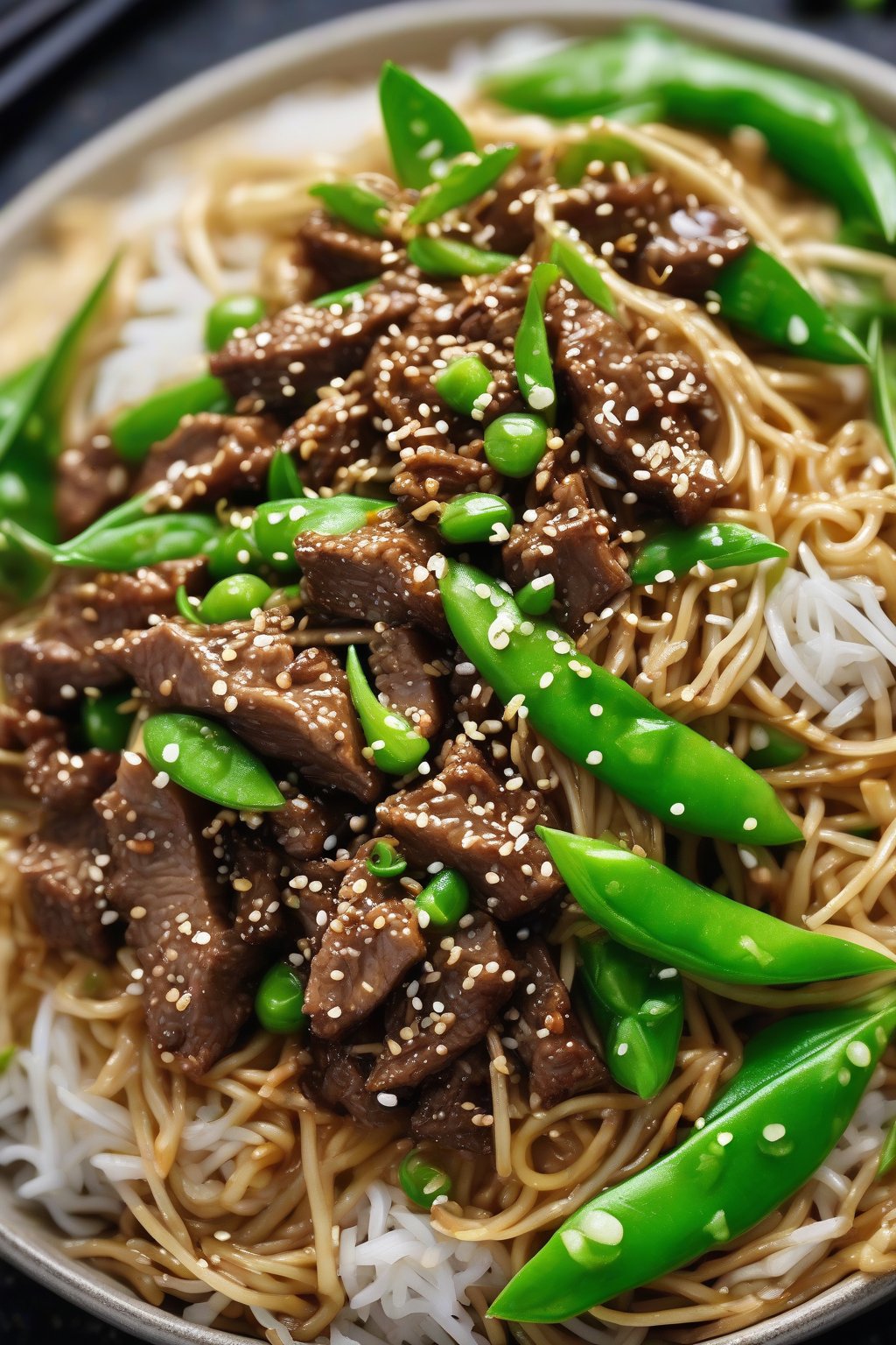 A high-resolution photo of sesame beef and snow peas atop golden crunchy chow mein under soft lighting.