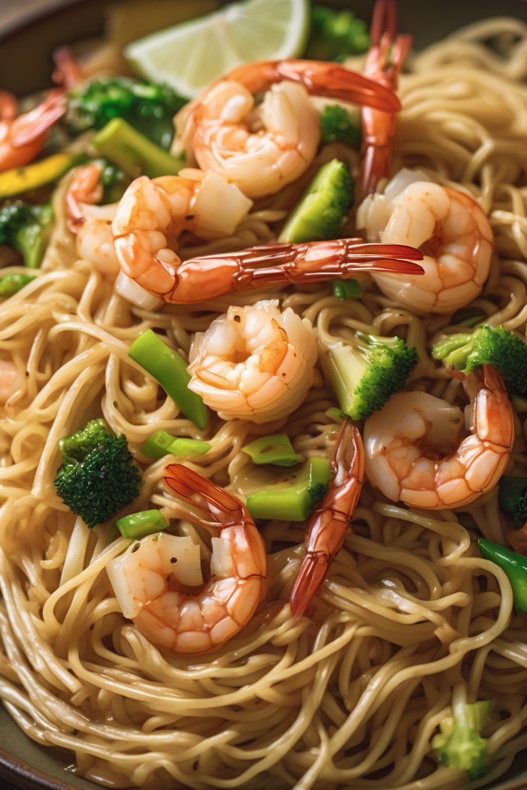 A high-resolution photo of garlic-ginger shrimp stir-fry over crunchy chow mein noodles under soft lighting.