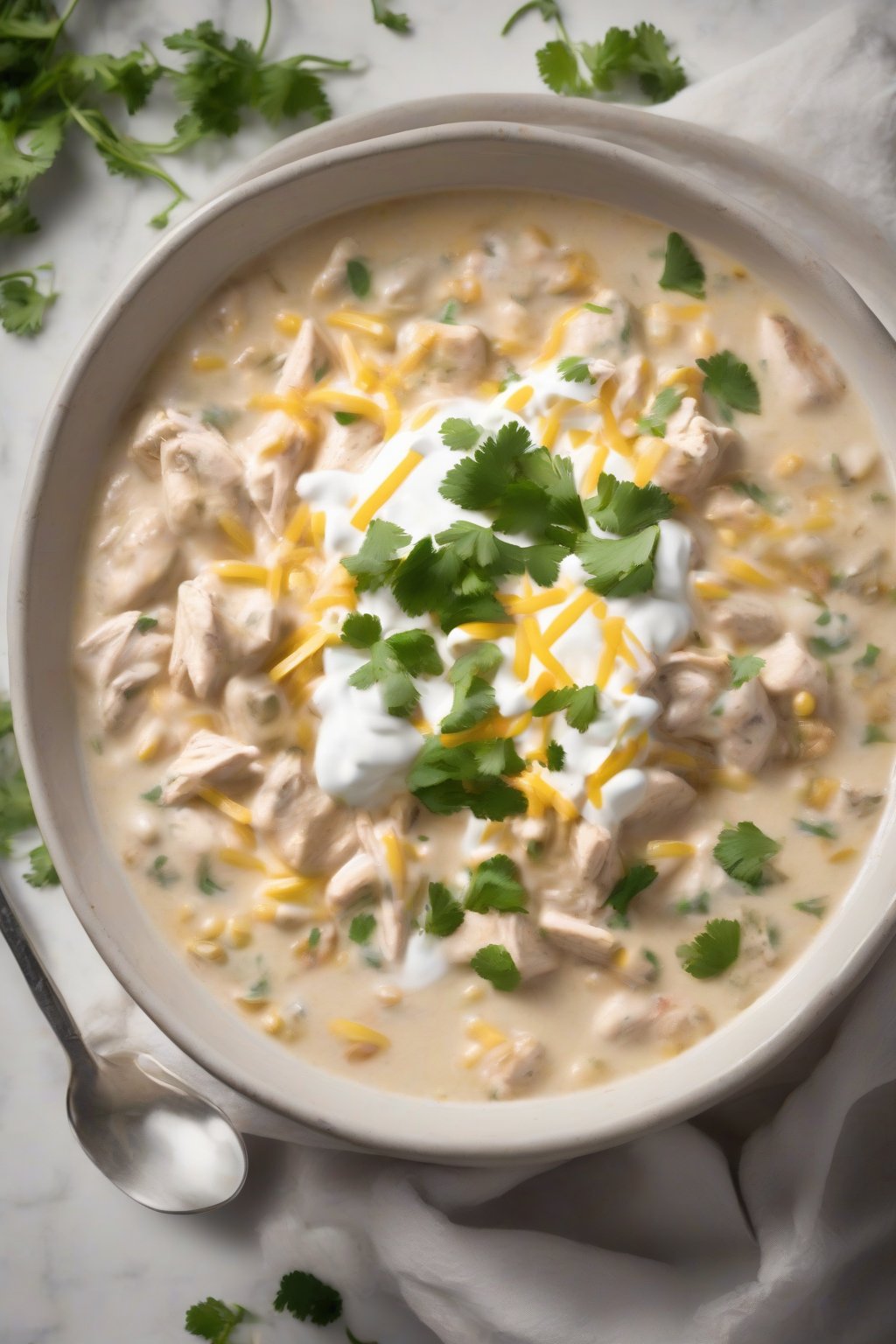 A high-resolution photo of a steaming bowl of classic creamy white chicken chili topped with sour cream and cilantro, under soft lighting.