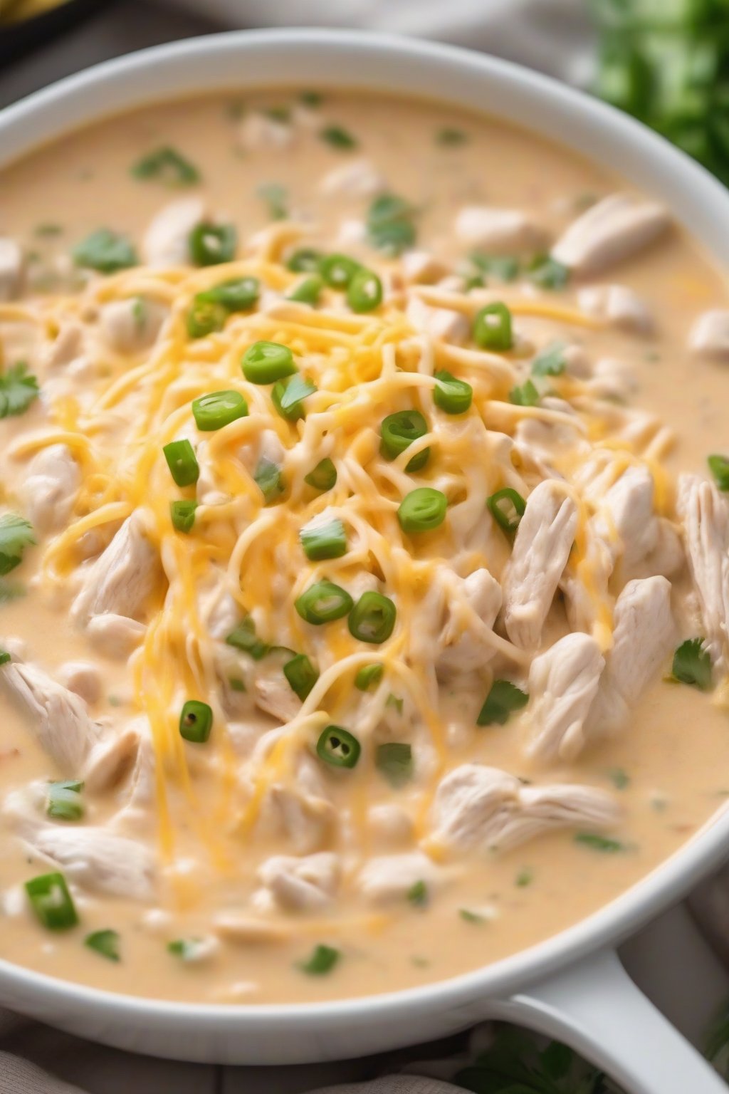 A close-up photo of cheesy creamy white chicken chili with melted cheese strings, garnished with green onions, under soft lighting.