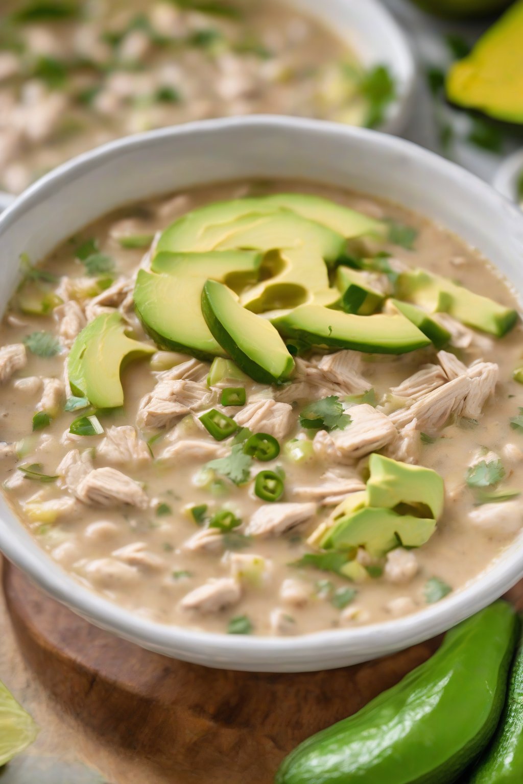 A high-resolution photo of spicy jalapeño white chicken chili with visible chili flecks, topped with avocado slices, under soft lighting.