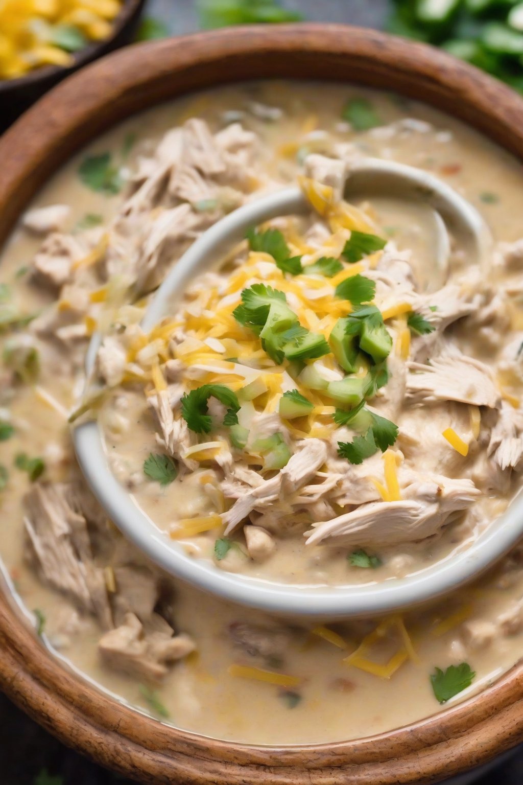 A close-up photo of slow cooker creamy white chicken chili in a rustic bowl, with shredded chicken visible, under soft lighting.