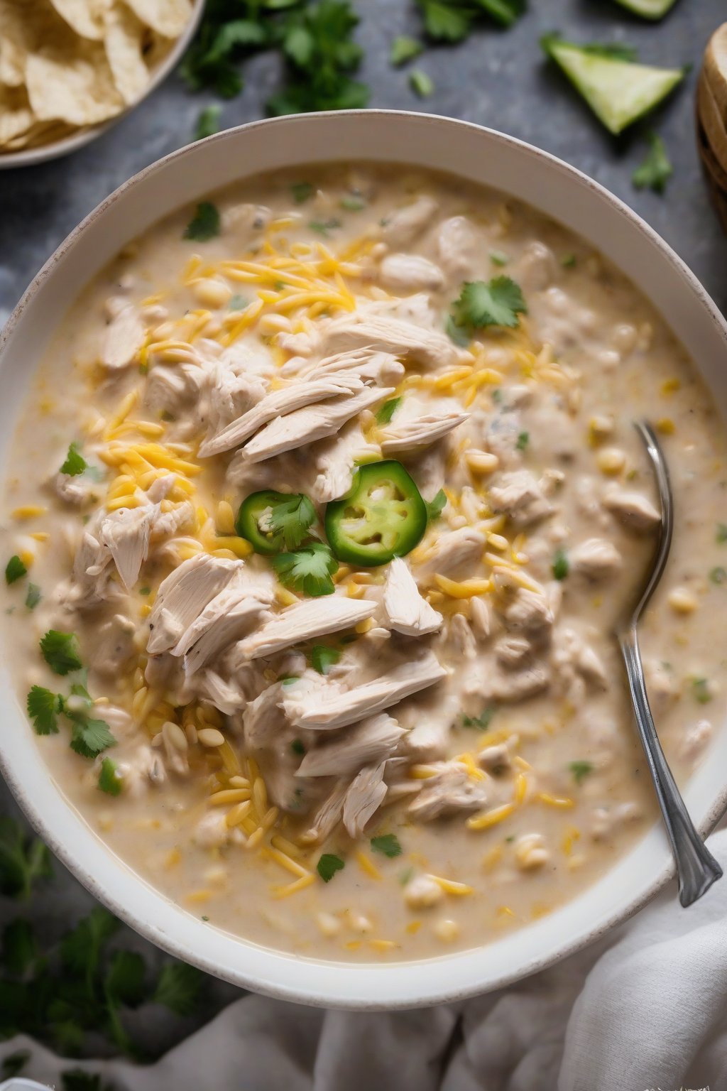 A high-resolution photo of Instant Pot creamy white chicken chili, steam rising from a white bowl, under soft lighting.