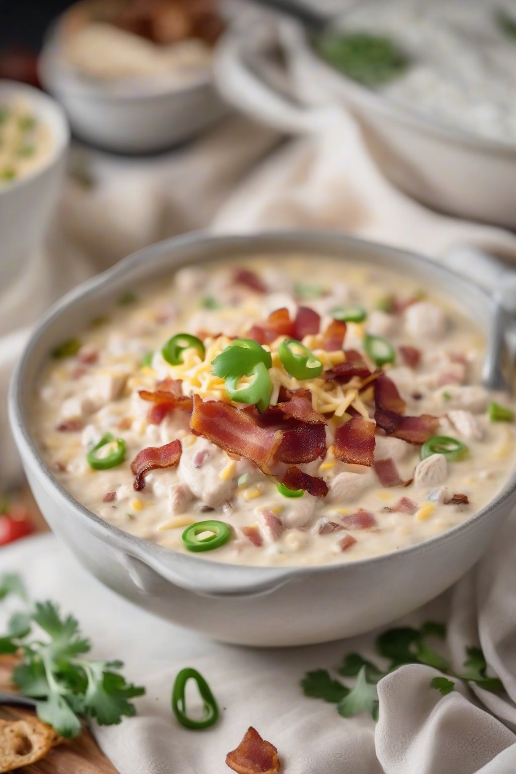 A close-up photo of low-carb creamy white chicken chili topped with crispy bacon, under soft lighting.