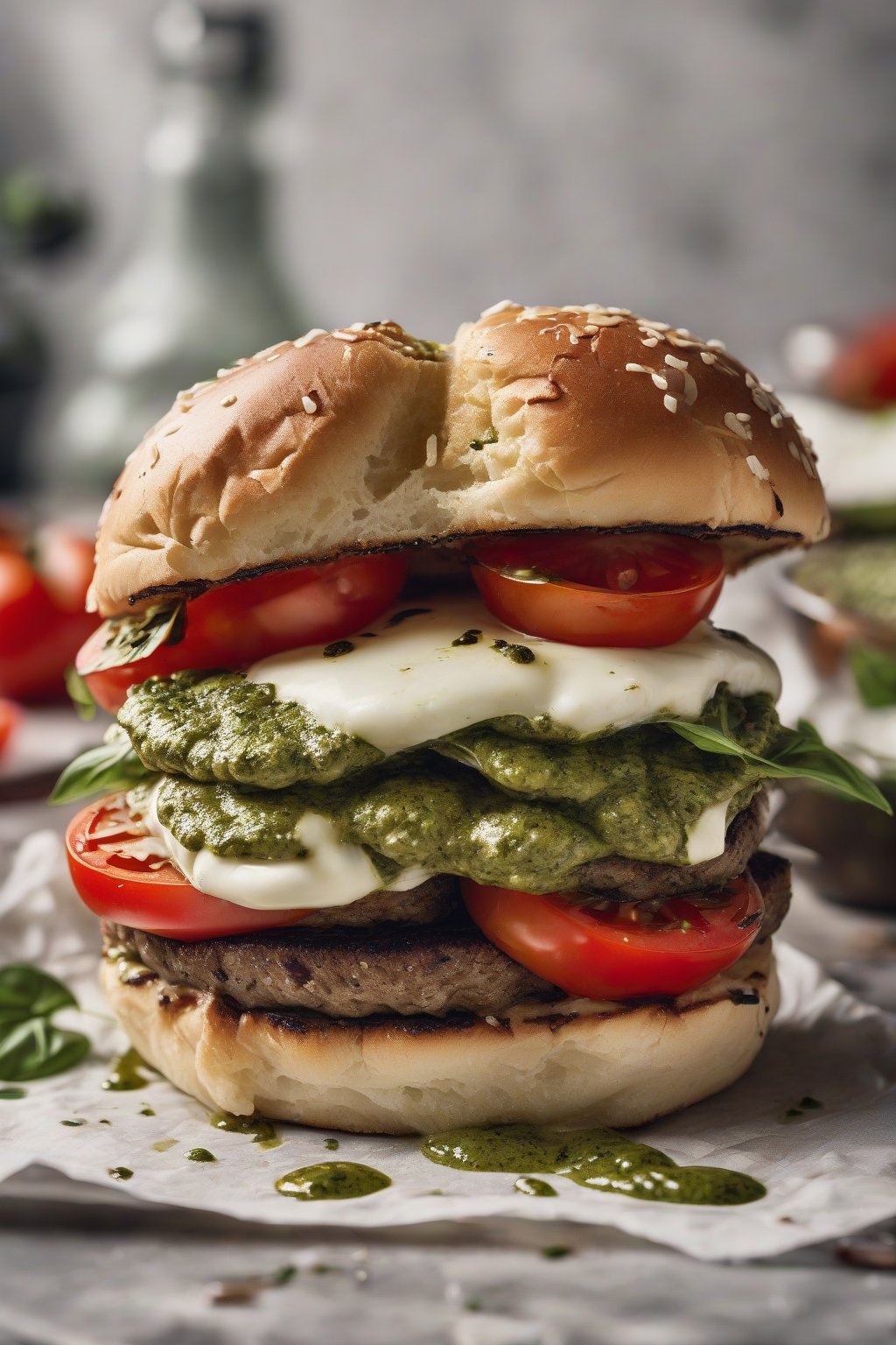 A high-resolution close-up photo of a pesto Caprese smash burger with fresh tomatoes, mozzarella, and green pesto drizzle under soft lighting.