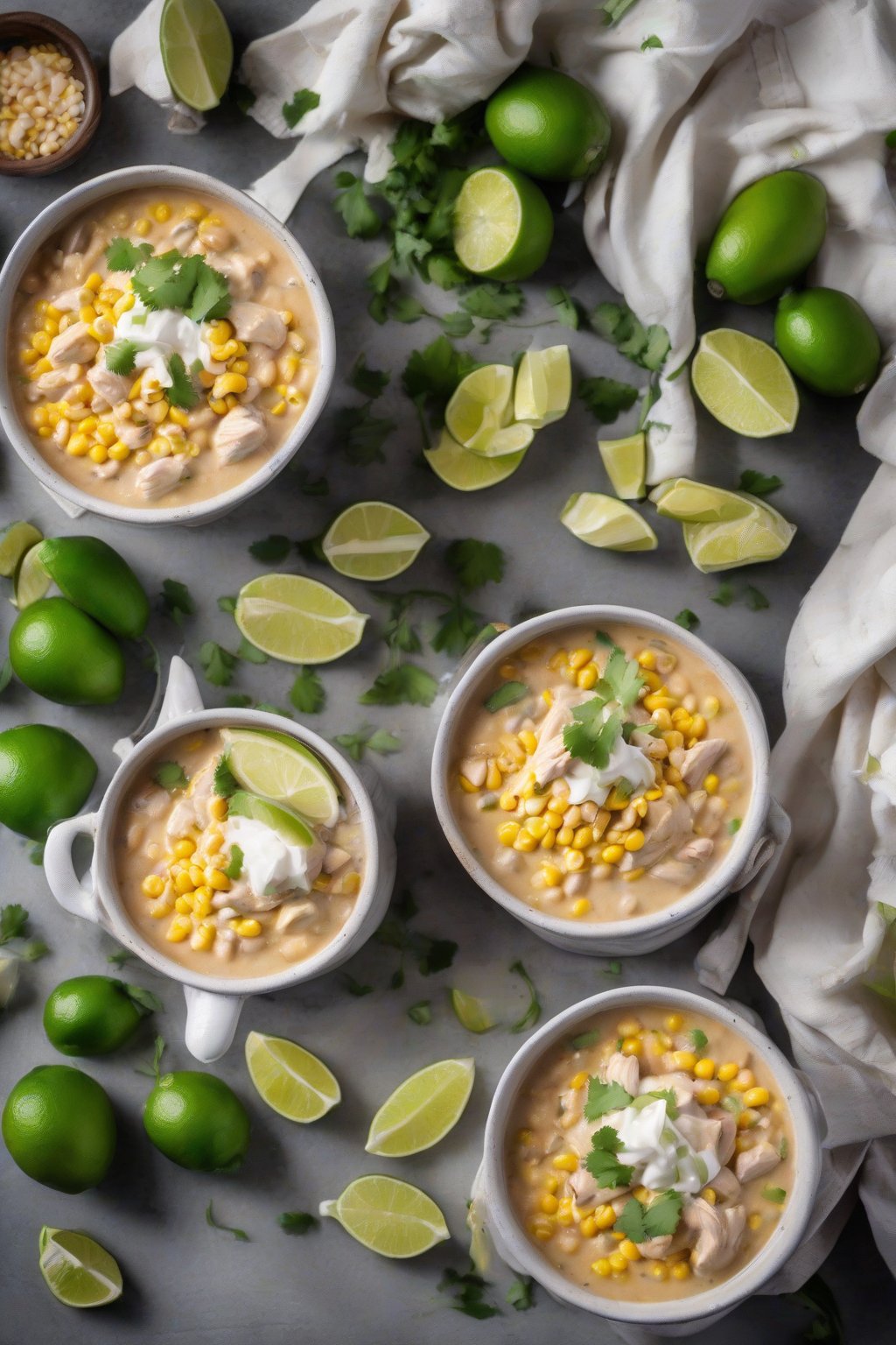 A high-resolution photo of corn-studded creamy white chicken chili with lime wedges, under soft lighting.