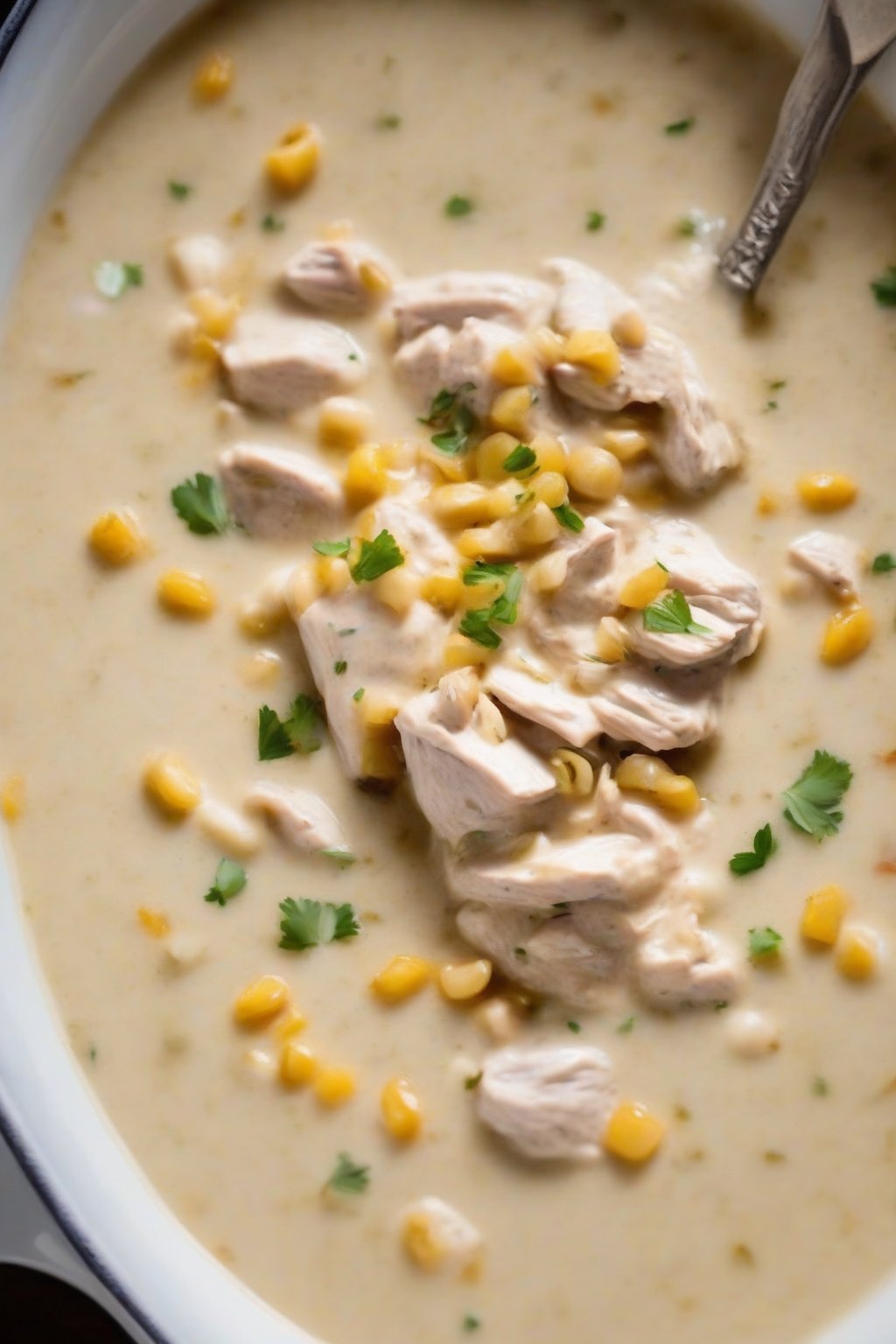 A close-up photo of garlic-infused creamy white chicken chili with golden roasted garlic bits, under soft lighting.