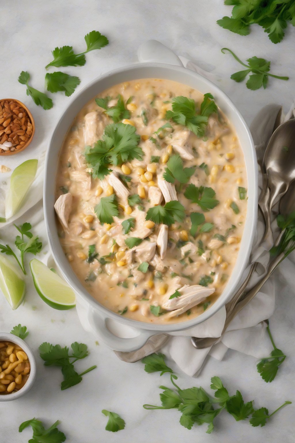A high-resolution photo of herb-flecked creamy white chicken chili garnished with cilantro sprigs, under soft lighting.