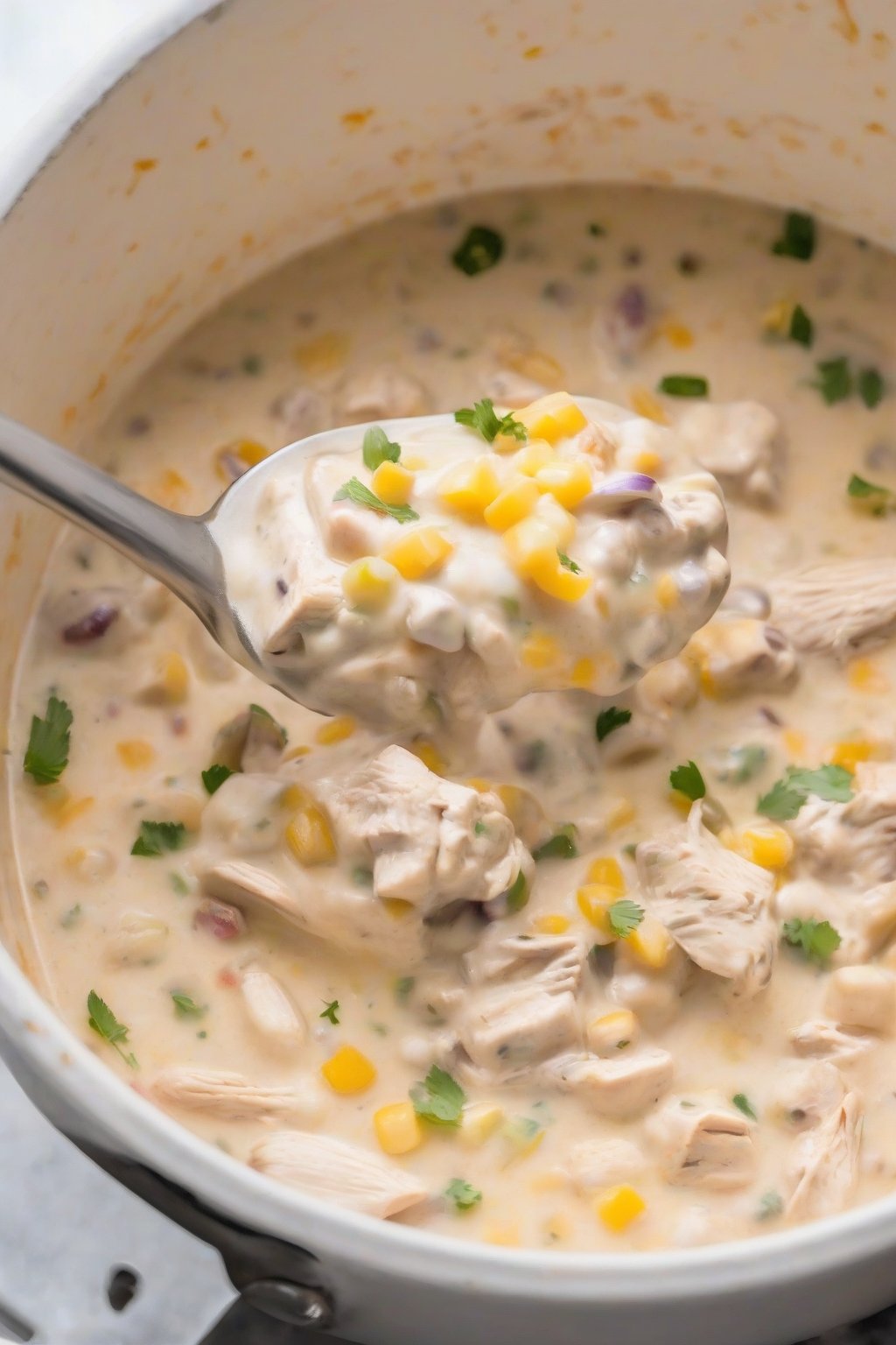 A close-up photo of one-pot creamy white chicken chili straight from the Dutch oven, under soft lighting.