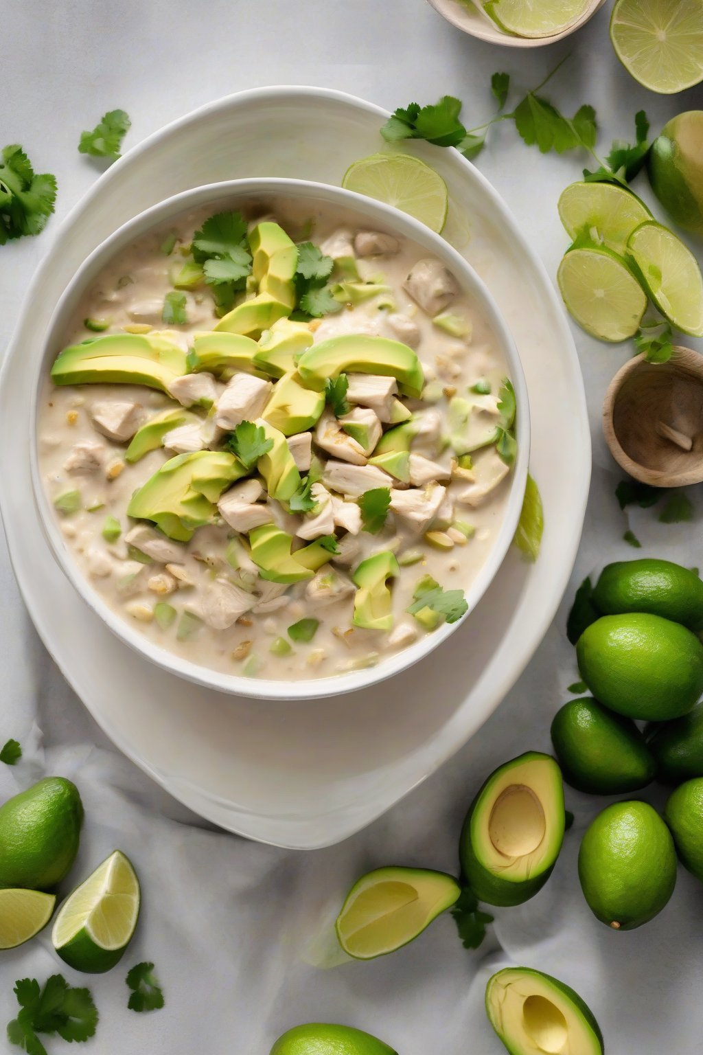 A high-resolution photo of creamy white chicken chili topped with fresh avocado chunks and lime zest, under soft lighting.