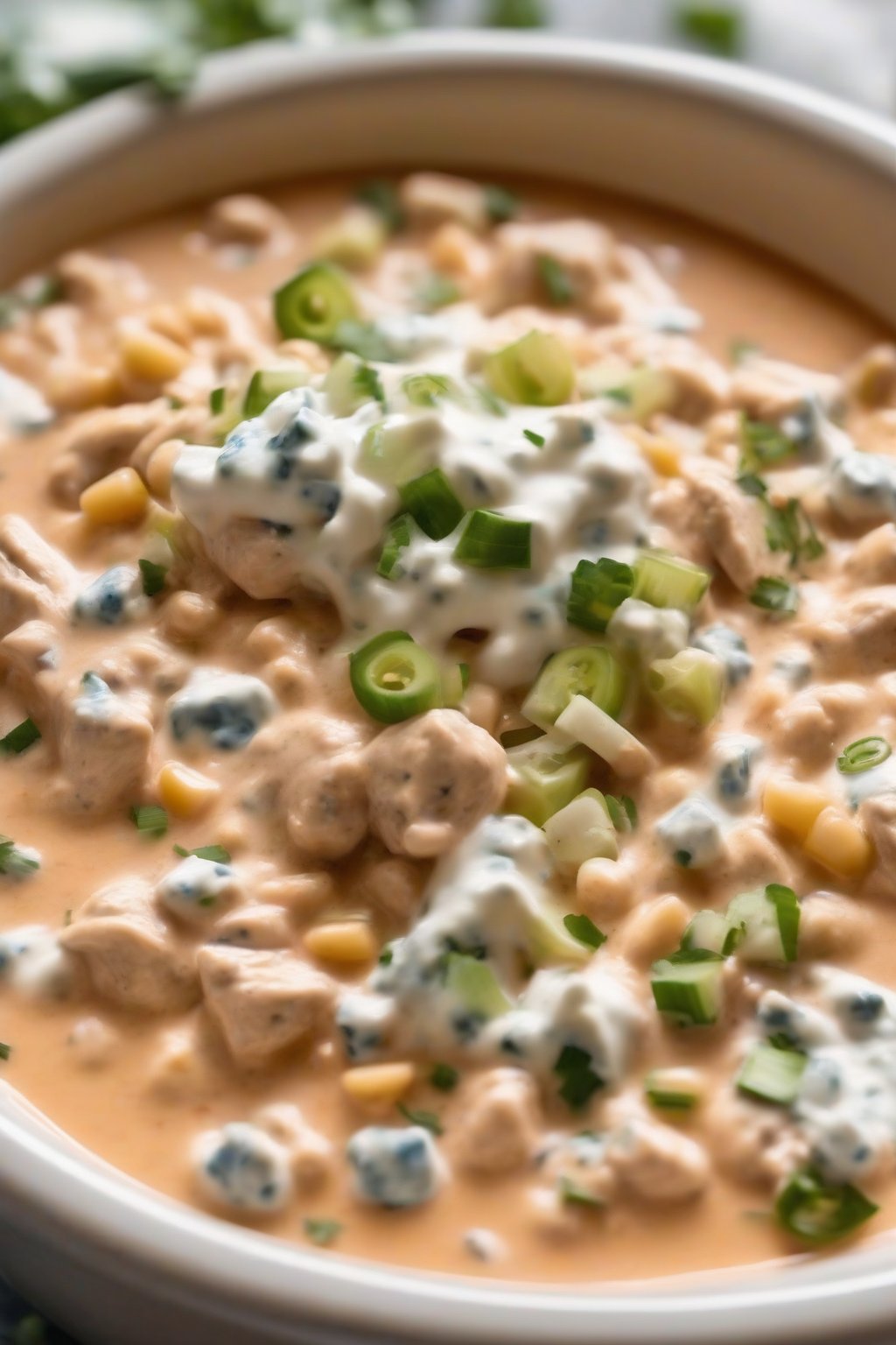 A close-up photo of buffalo creamy white chicken chili with blue cheese crumbles, under soft lighting.