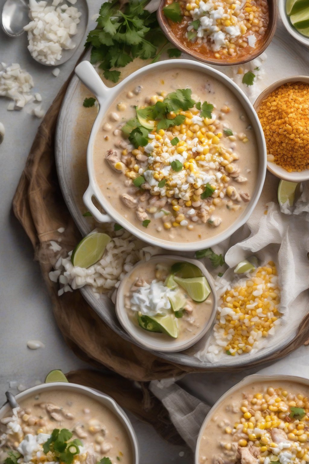 A high-resolution photo of street corn creamy white chicken chili dusted with chili powder and cotija, under soft lighting.