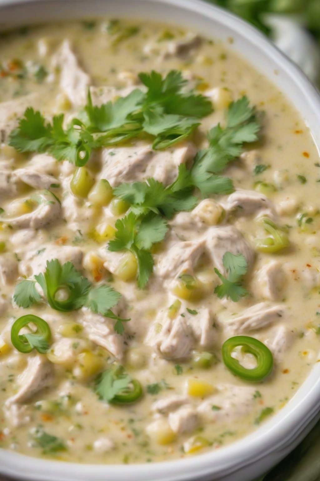 A close-up photo of vibrant green chile creamy white chicken chili, flecked with fresh chiles, under soft lighting.