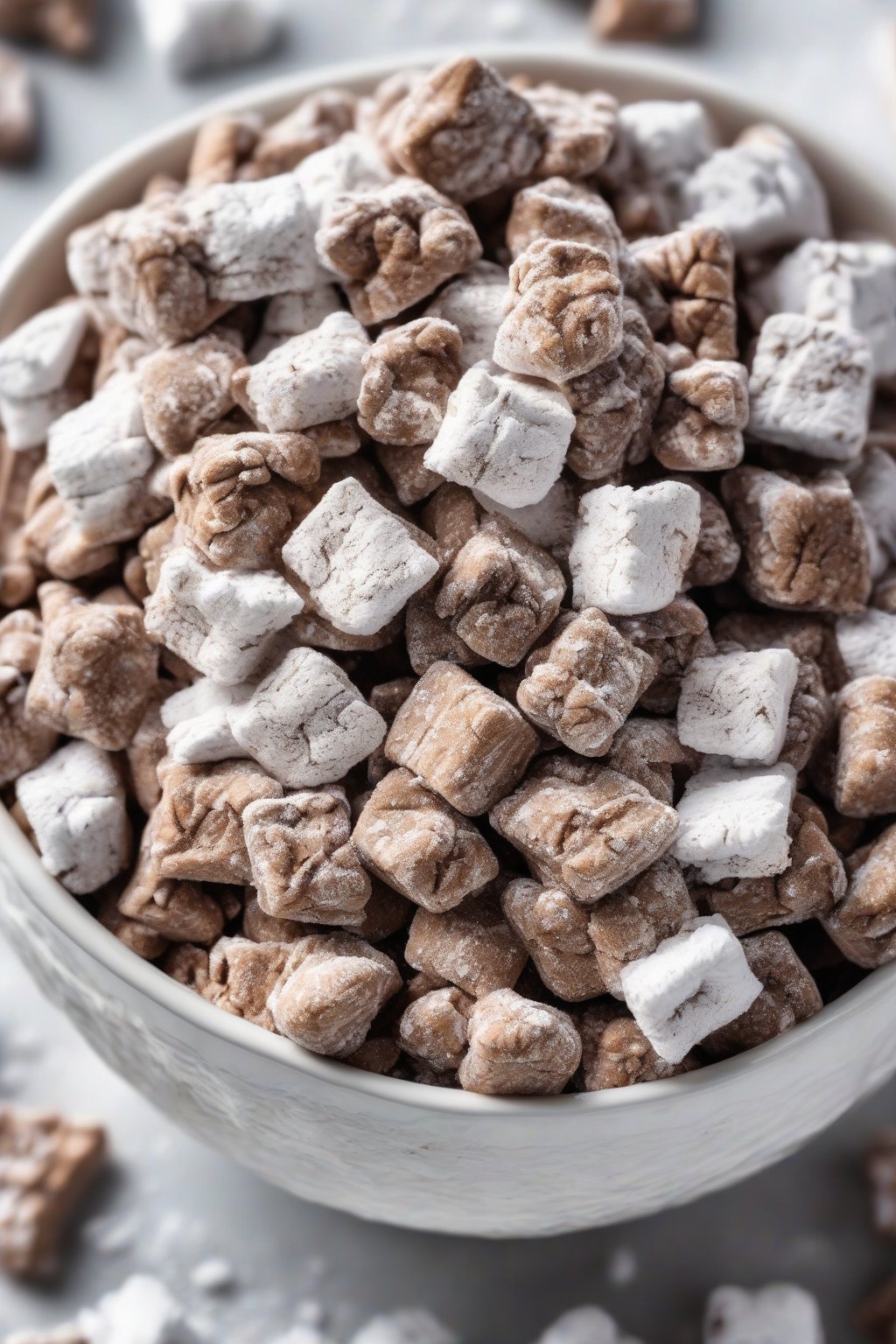 A high-resolution photo of classic peanut butter chocolate muddy buddies piled in a white bowl, dusted with powdered sugar, under soft lighting.