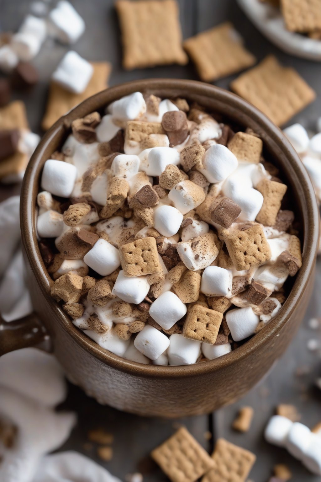 A high-resolution photo of s'mores muddy buddies with graham cracker bits and marshmallow flecks in a rustic mug, under soft lighting.