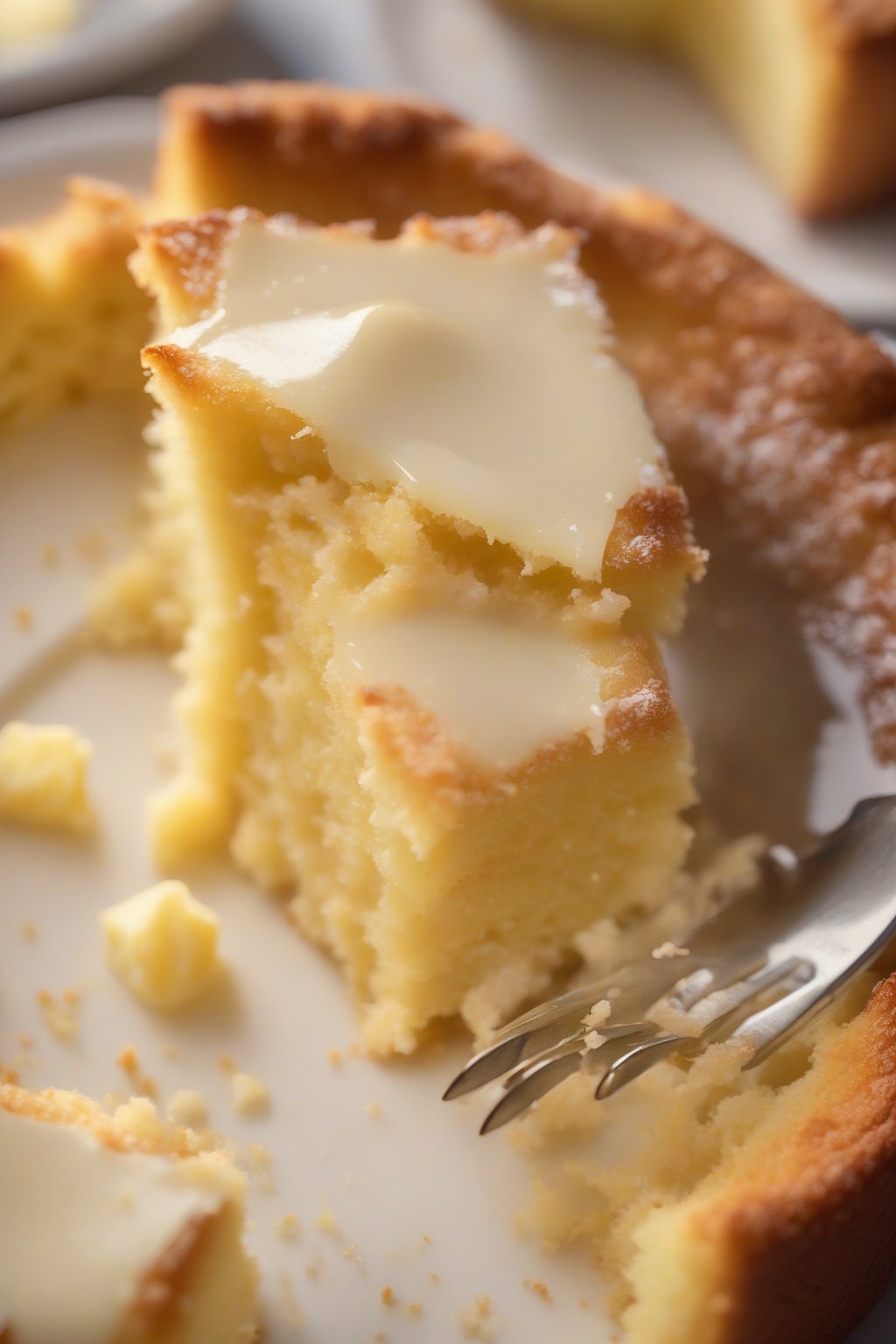 A high-resolution close-up photo of butter cake with golden crust, fork piercing soft center, under soft lighting.