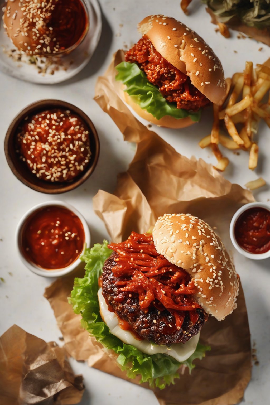 A high-resolution close-up photo of a Korean gochujang smash burger with spicy red paste, kimchi, and sesame seeds under soft lighting.