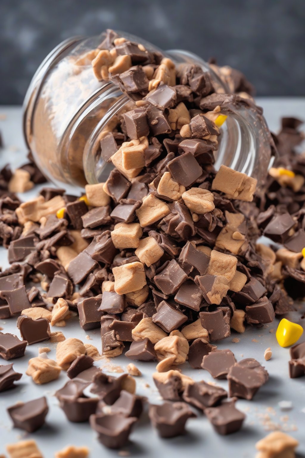 A high-resolution photo of peanut butter cup muddy buddies spilling from a jar with candy chunks visible, under soft lighting.