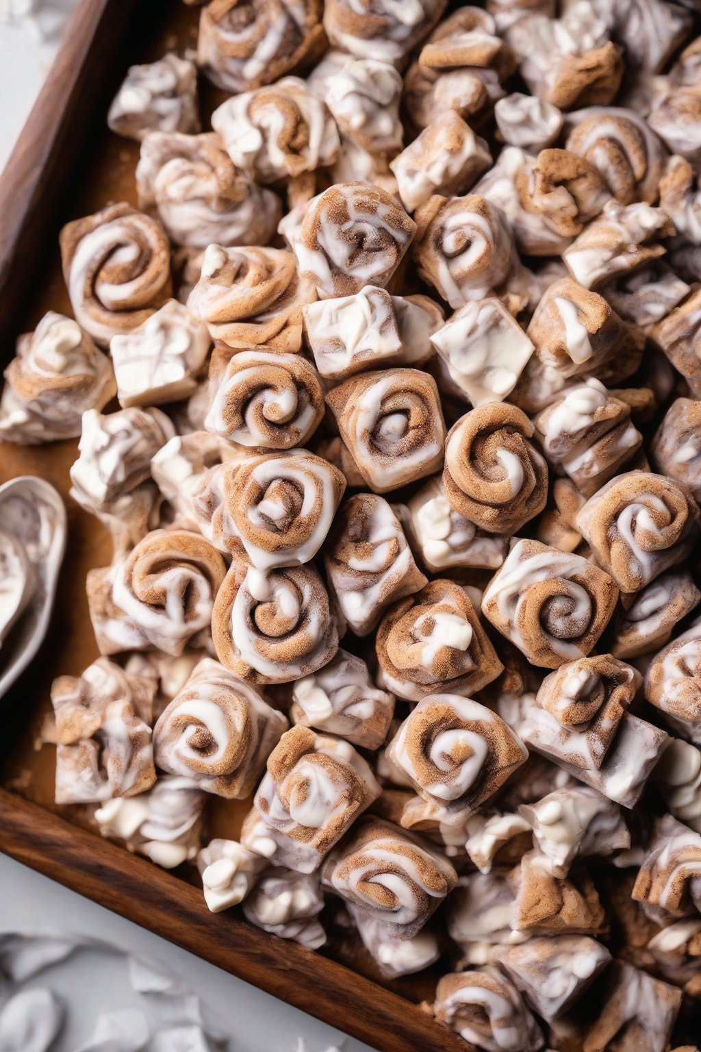 A high-resolution photo of cinnamon roll muddy buddies swirled with white chocolate in a wooden tray, under soft lighting.