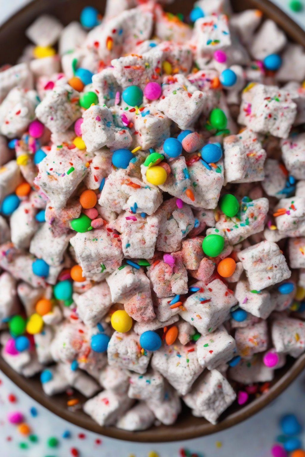 A high-resolution photo of birthday cake muddy buddies bursting with colorful sprinkles in a festive bowl, under soft lighting.