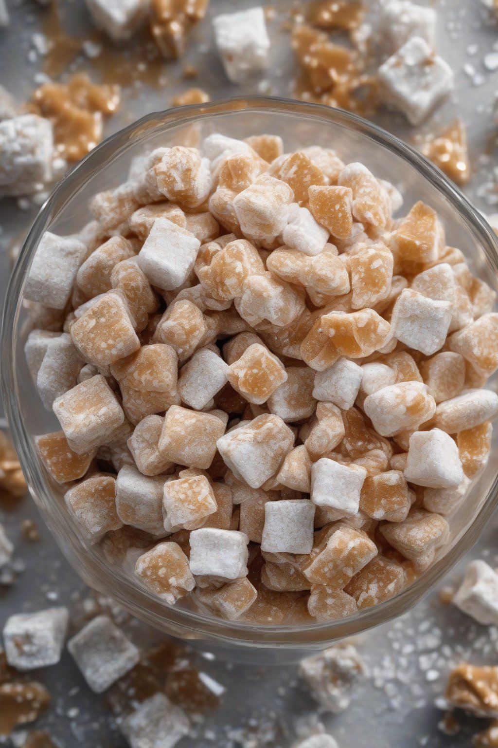 A high-resolution photo of salted caramel muddy buddies with golden flecks and salt crystals in a glass dish, under soft lighting.