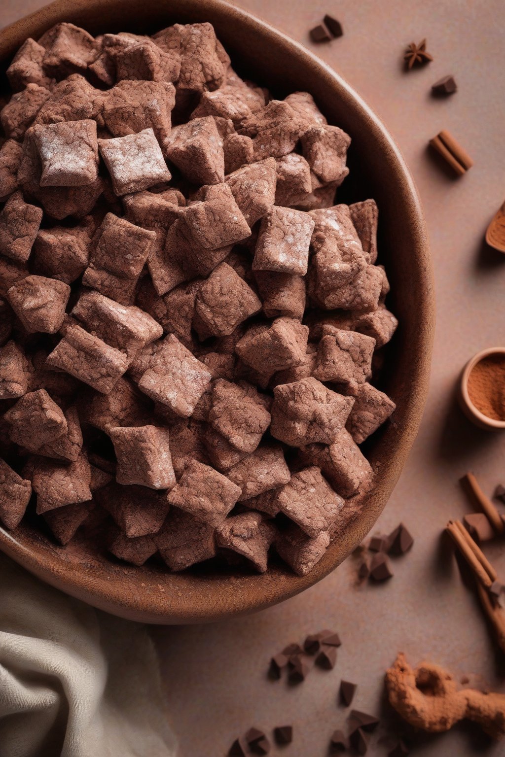 A high-resolution photo of Mexican chocolate muddy buddies dusted with cocoa and spice specks in a terracotta bowl, under soft lighting.