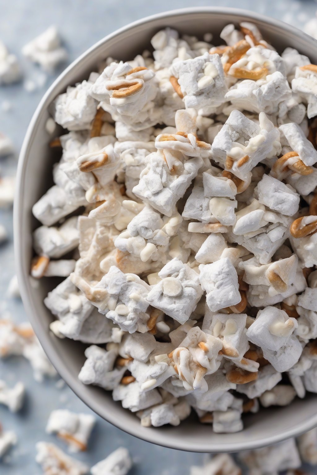 A high-resolution photo of white chocolate pretzel muddy buddies with pretzel shards in a snack bowl, under soft lighting.